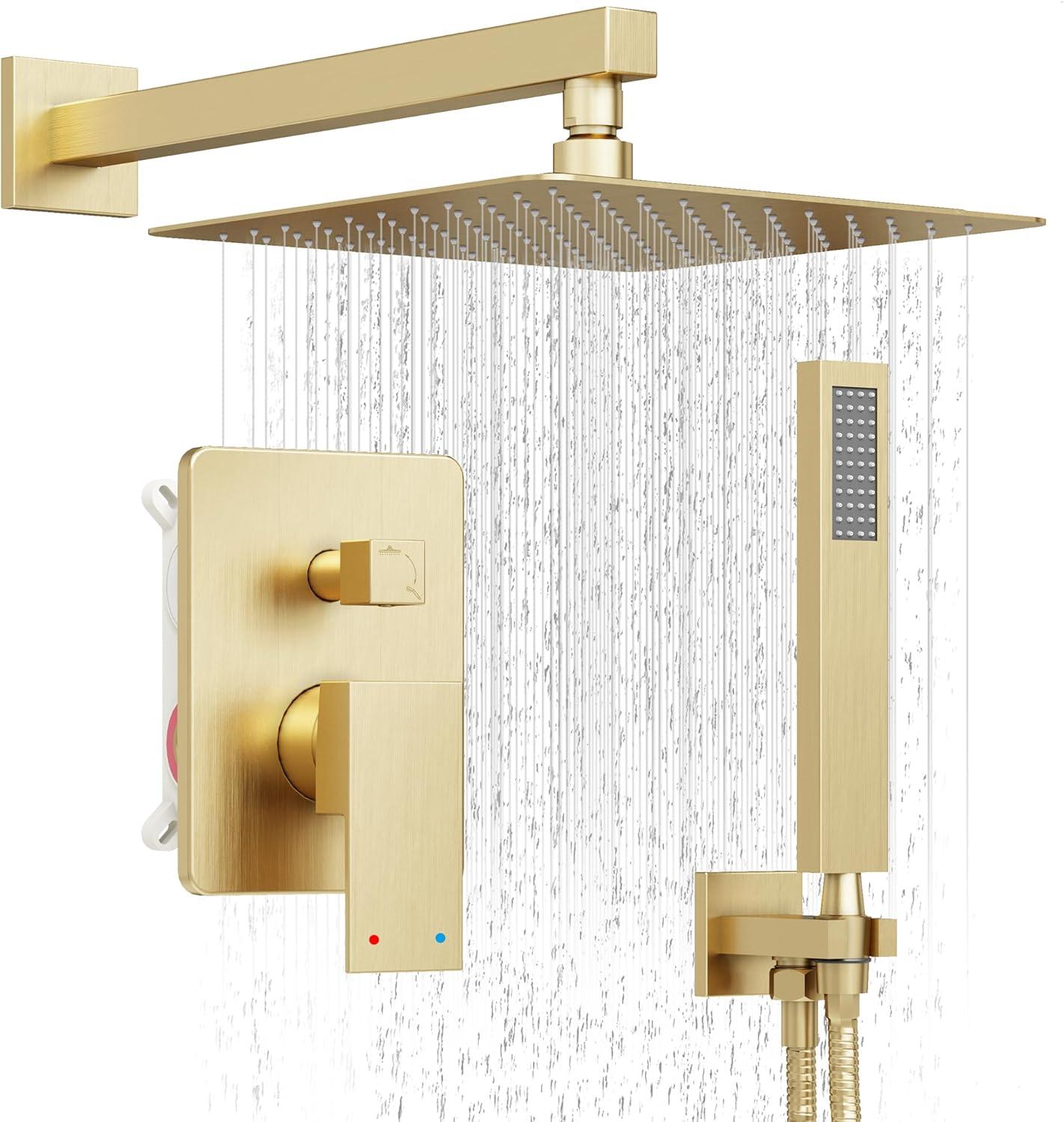 Shower system, 12" (approx. 30.5 cm) rain shower head and handheld spray bathroom shower unit with brass valve and wall trim kit Gold