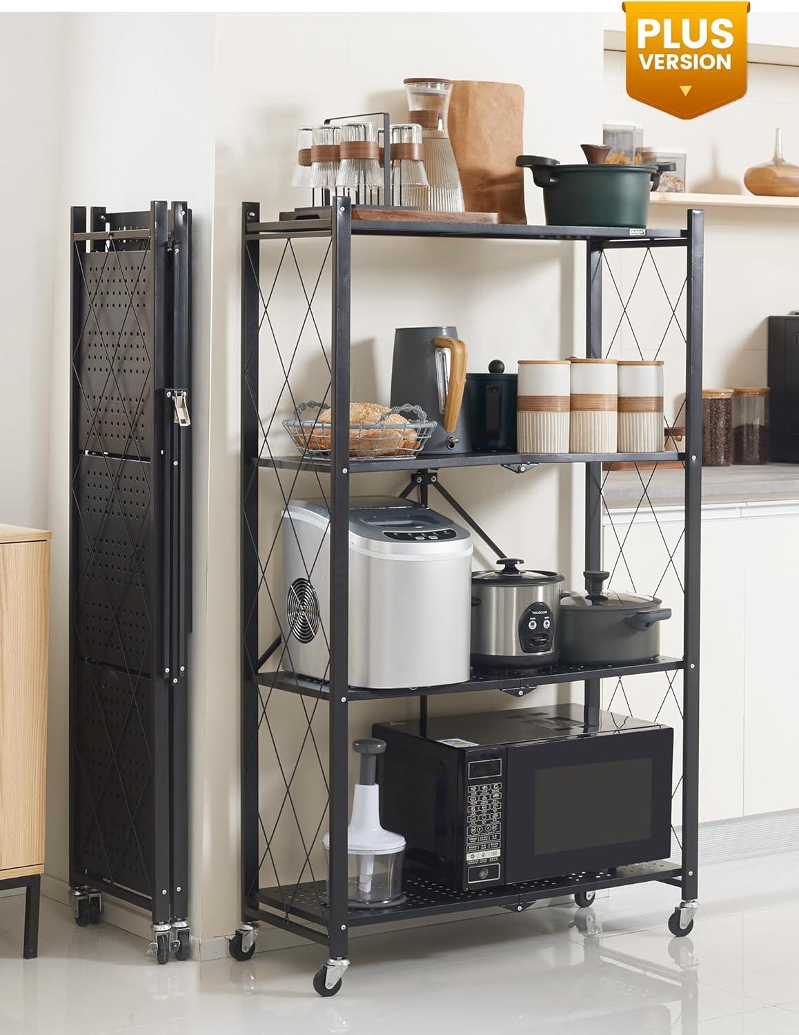 3-Tier Storage Shelves with Wheels, Folding Bookshelf No Assembly, Metal Display Shelf for Balcony, Kitchen, Basement, Pantry, White