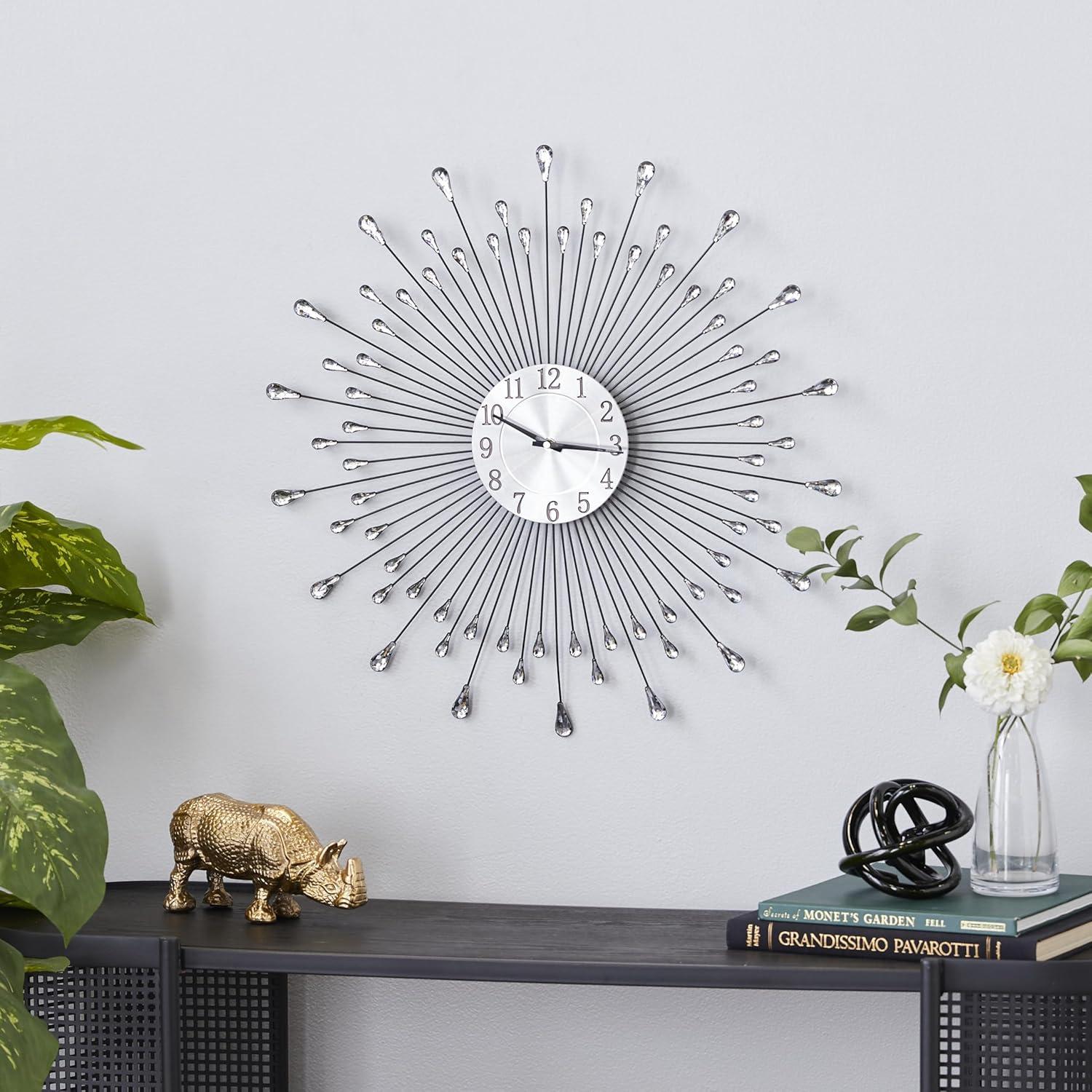 DecMode 23" Silver Metal Starburst Wall Clock with Crystal Embellishment