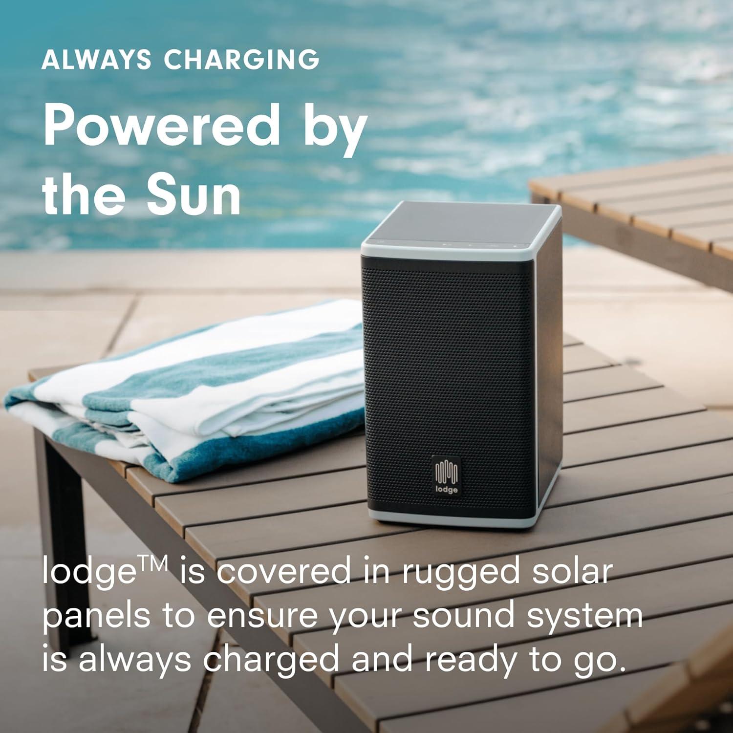 lodge Solar Powered Bluetooth Speaker for Home, Patio, Outdoors - Rugged, Portable Wireless Self Charging - Waterproof 30-Hour Battery Life - Link Up to 30 Speakers - Loud 50 Watt Amp