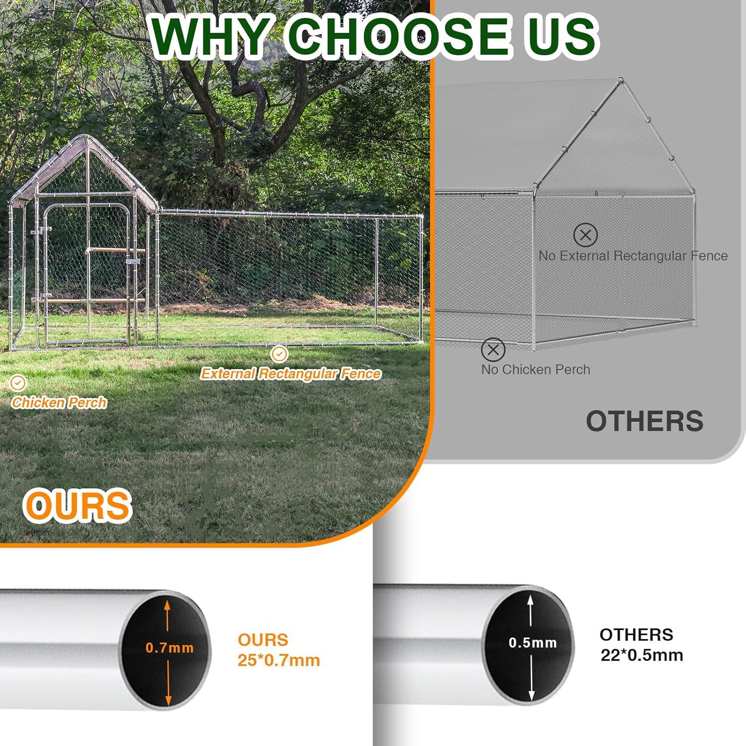 Large Metal Chicken Coop Run, Outdoor Walk-in Poultry Cage with Spire Roof, for Hen House, Duck Coop and Rabbit Run, Silver (9.8' L x 3.28' W x 4.92' H)