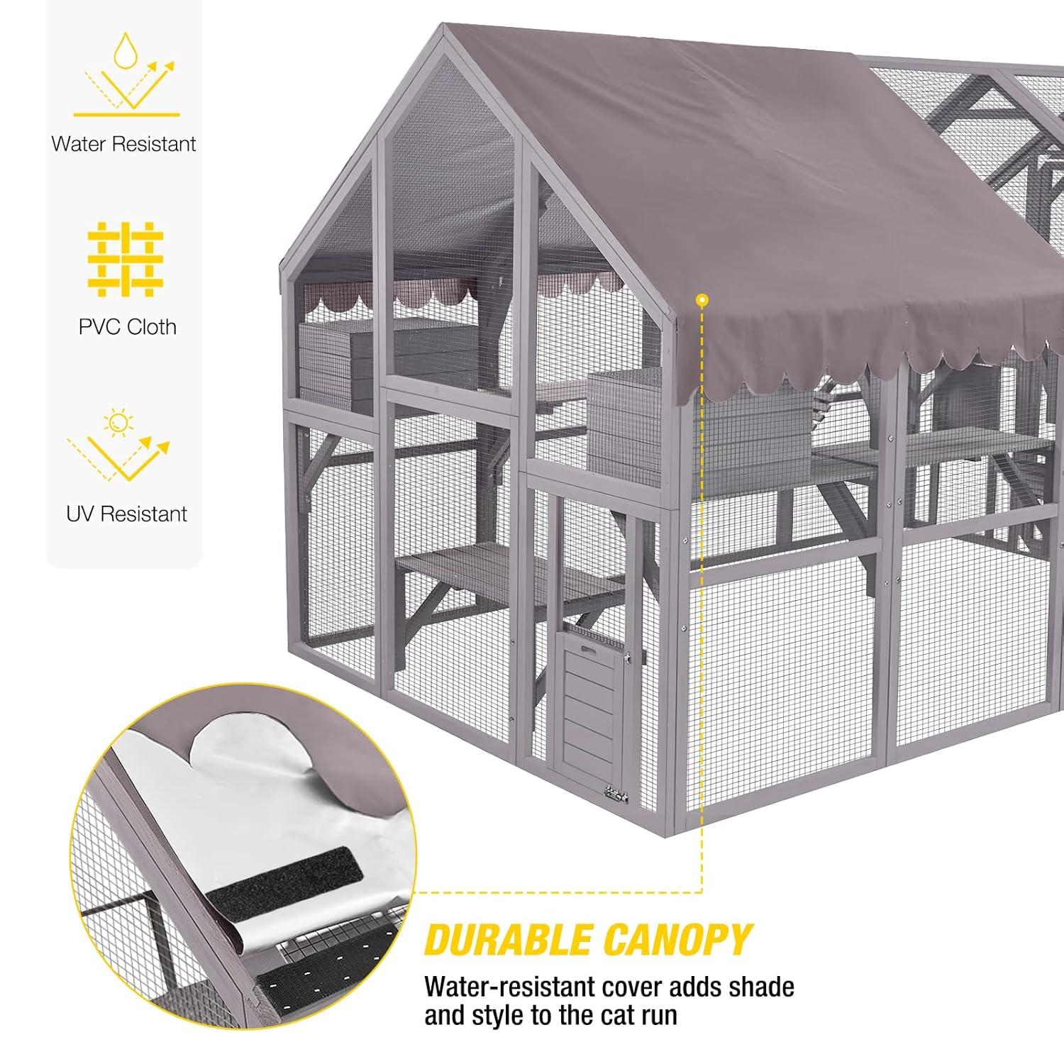 Aivituvin 110'' Extra Large Cat House Outdoor Walk-in Cat Enclosure Wooden Catio Cage with Bridges, Platforms, Rest Rooms, Roof Cover