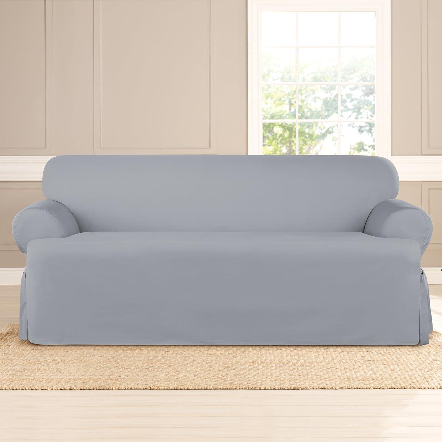 SureFit  Heavy Weight Cotton Canvas 1 Piece T Cushion Sofa Slipcover Pacific Blue