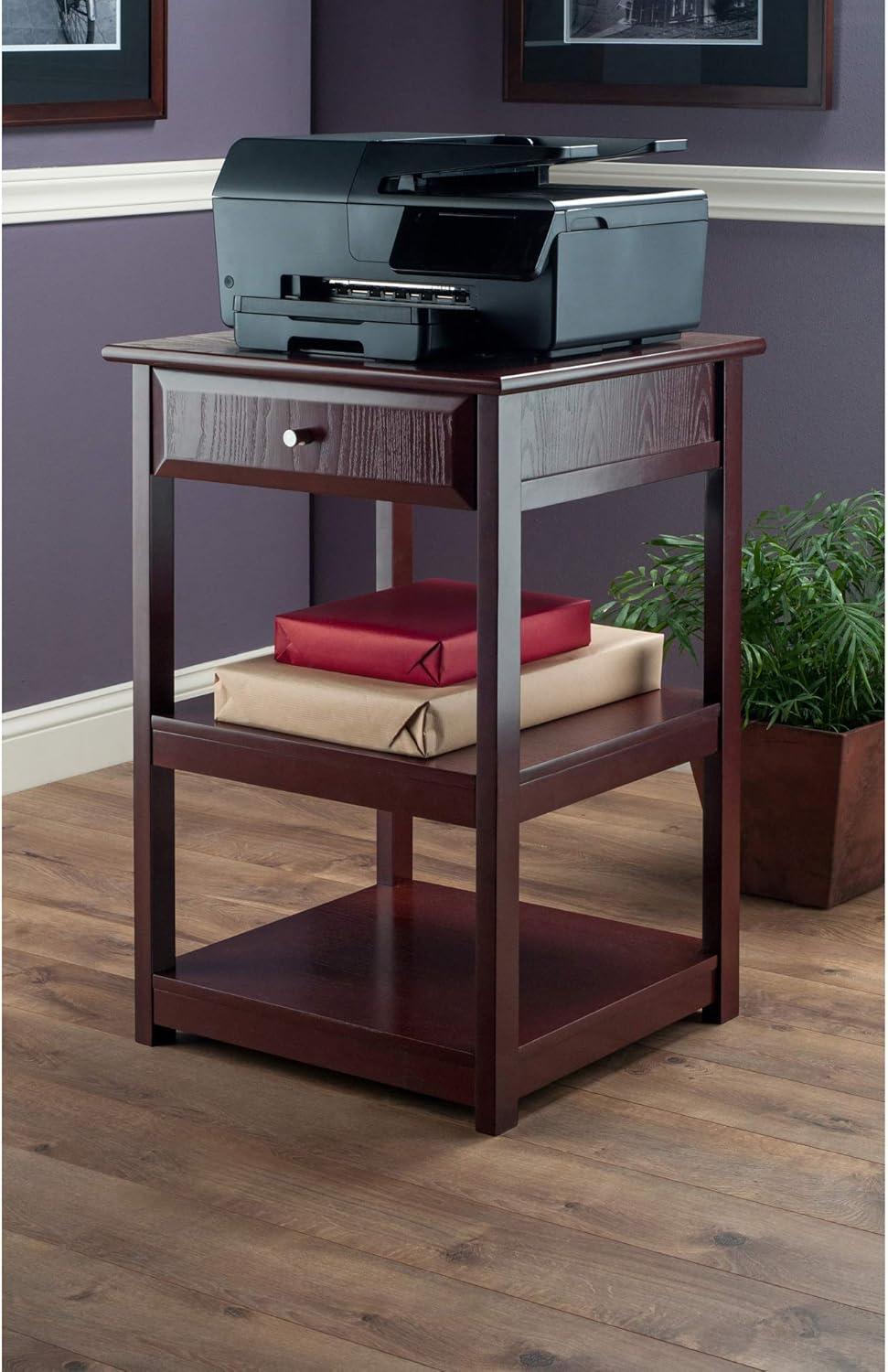 Walnut Composite Wood Printer Table with Drawer and Shelves