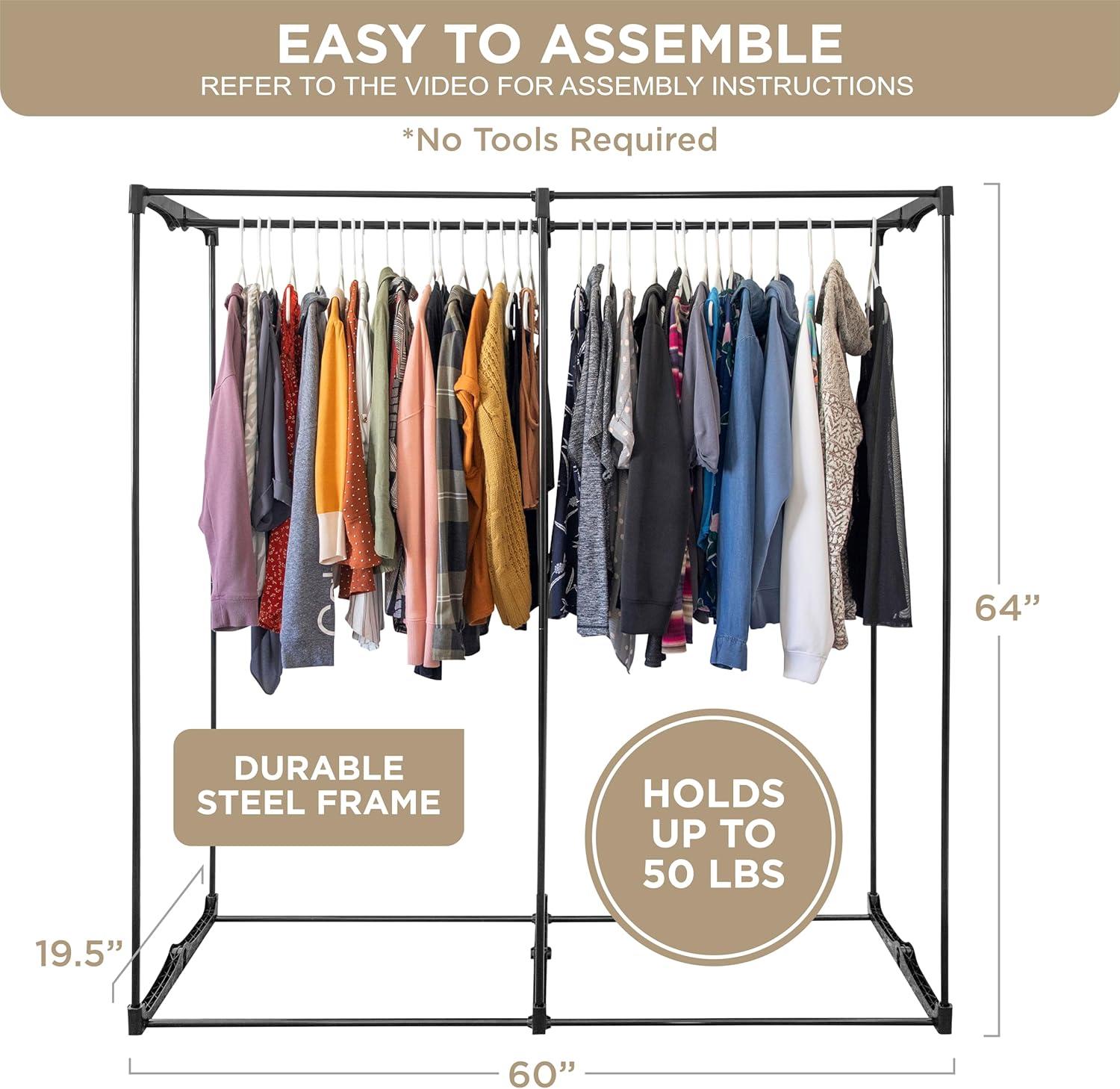HOLDN’ STORAGE Portable Wardrobe Closet, Large - Premium Heavy Duty Metal Hanging Rod with Black Cover- 50 Lb. Weight Capacity- Super Easy Assembly, No Tools Required