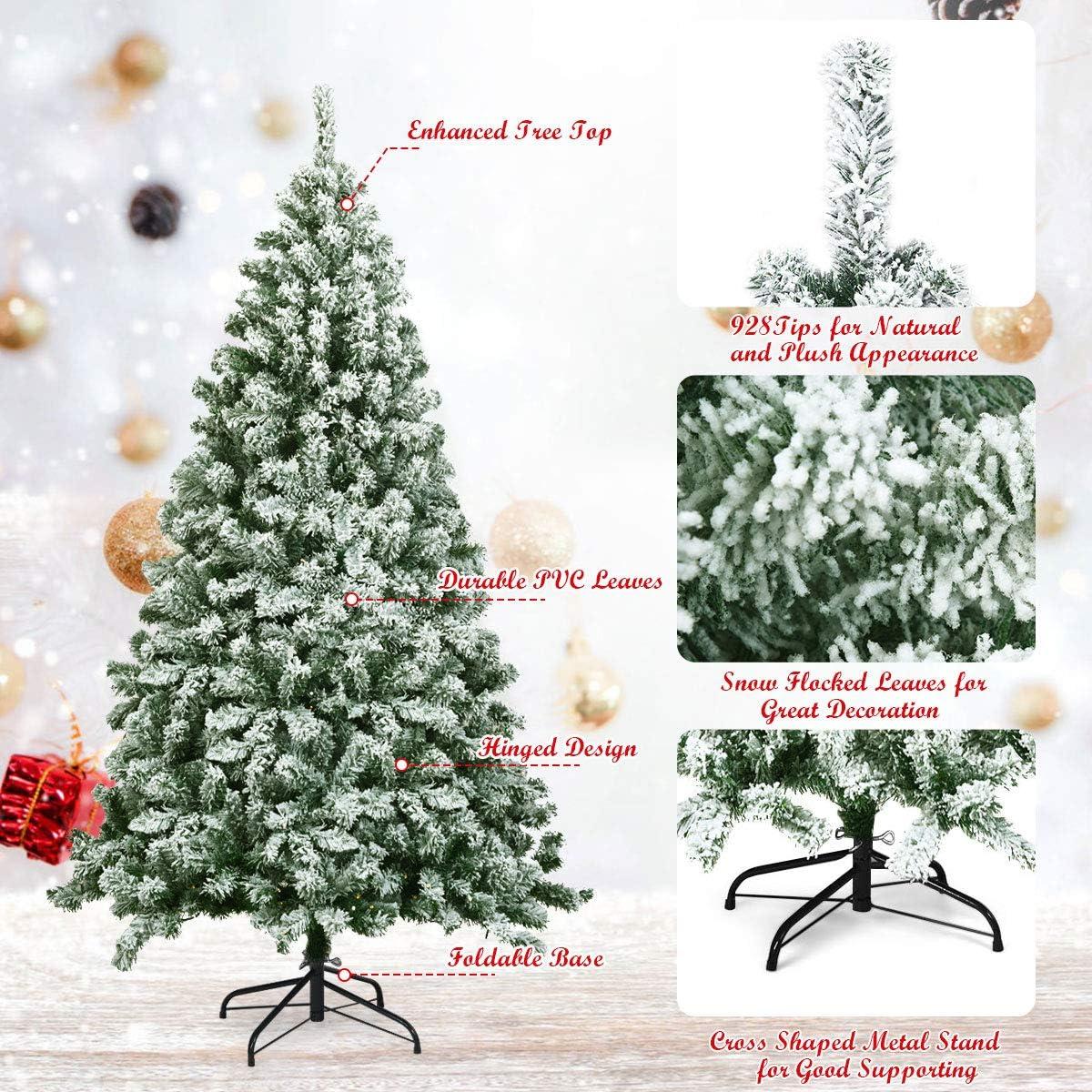 Costway 6FT Snow Flocked Artificial Christmas Tree Hinged w/928 Tips and Foldable Base