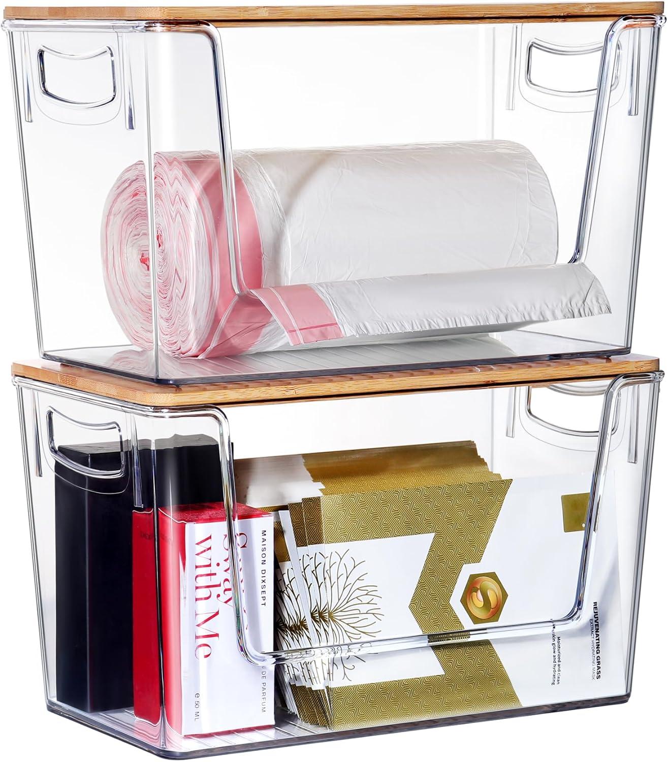 2 Pack Trash Bag Holder Dispenser, Extra Large Garbage Bags Holder, Stackable Trash Bag Holder with Bamboo Top for Laundry Room & Under Sink