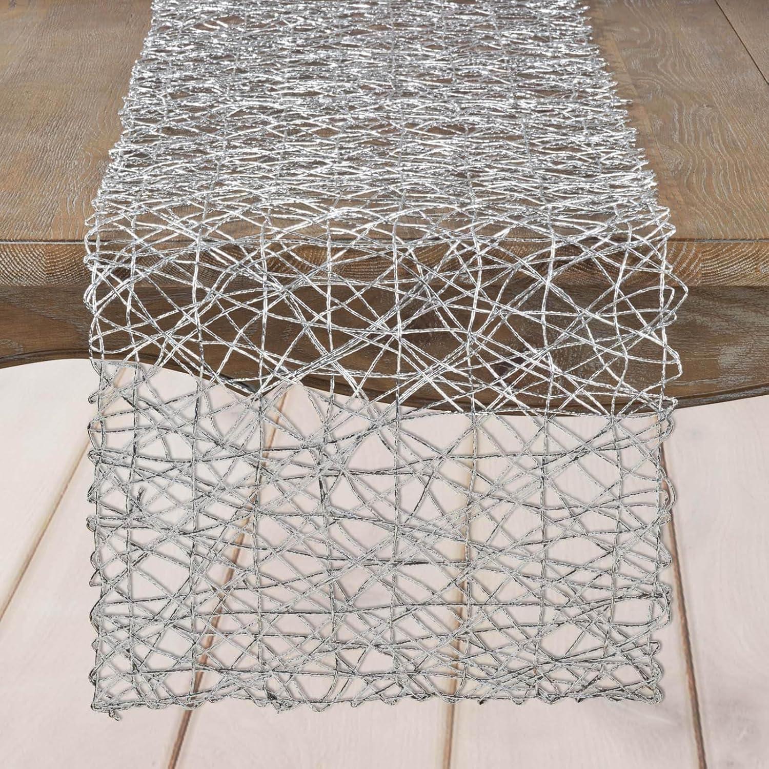 Silver Metallic Wire String Woven Table Runner 16x72"