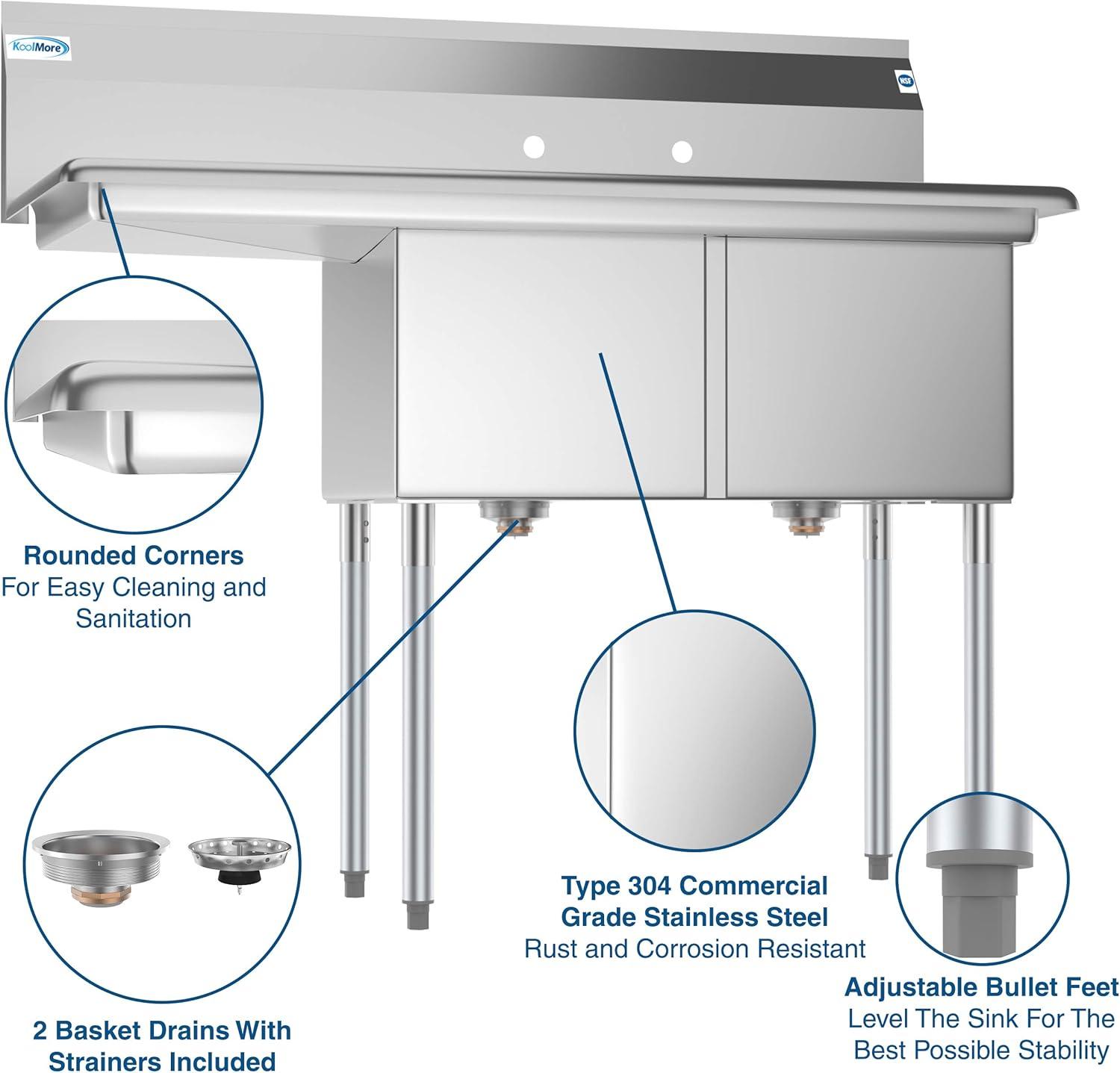 KoolMore 2 Compartment Stainless Steel NSF Commercial Kitchen Prep & Utility Sink with 2 Drainboards - Bowl Size 15" x 15" x 12", Silver, Left Drainboard