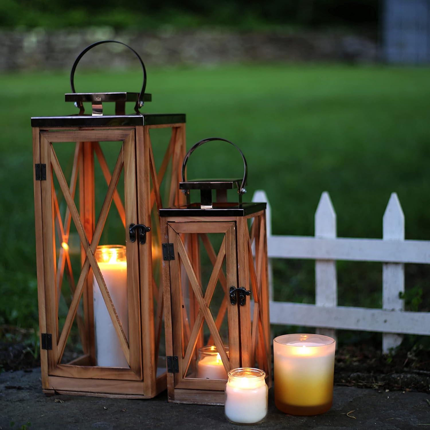 Wooden Candle Lantern Decorative Set of 2, Patio Decor with Stainless Top and Glass Inserts, Hurricane Lantern Holder Decor for Indoor Outdoor, Home, Garden, Wedding (Small-Large Set)