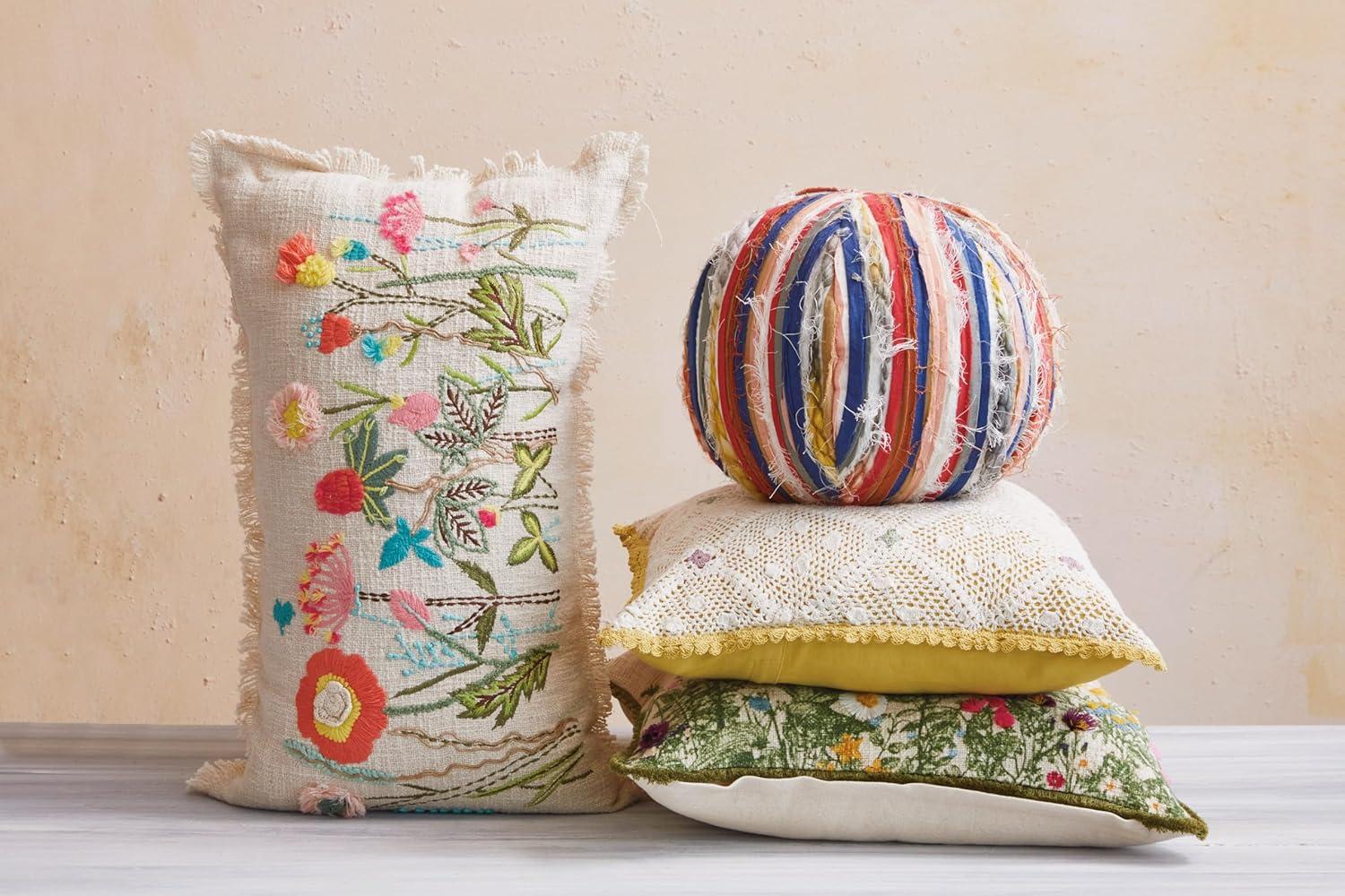 Multicolor Round Cotton Blend Pillow with Ripped Fabric Stripes