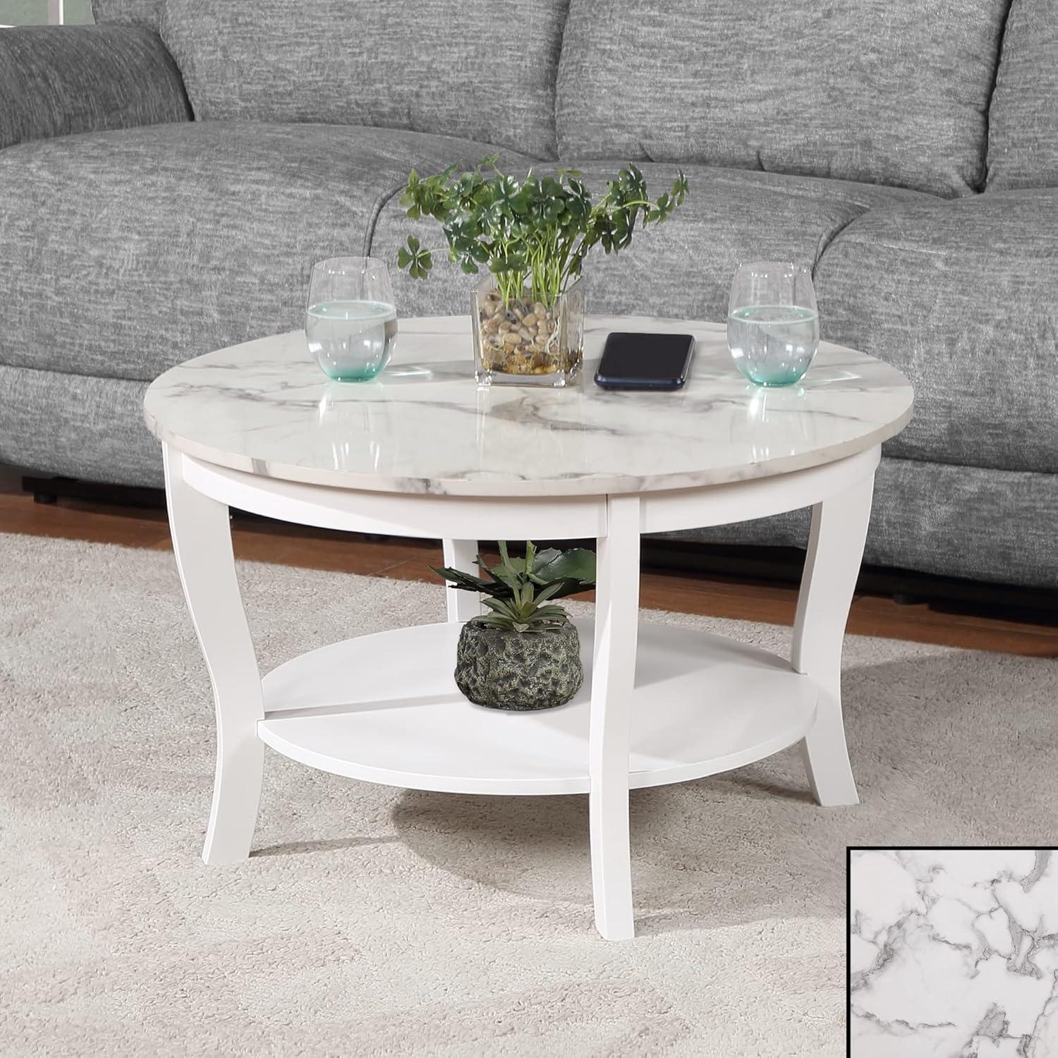 Heritage 30" Round White Faux Marble Coffee Table with Shelf