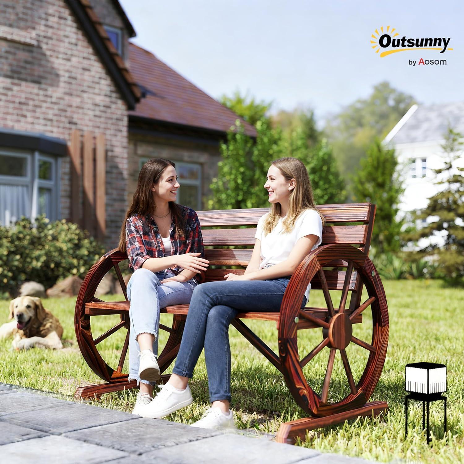 Outsunny Wooden Wagon Wheel Bench Rustic Outdoor Patio Furniture, 2-Person Seat Bench with Backrest Carbonized