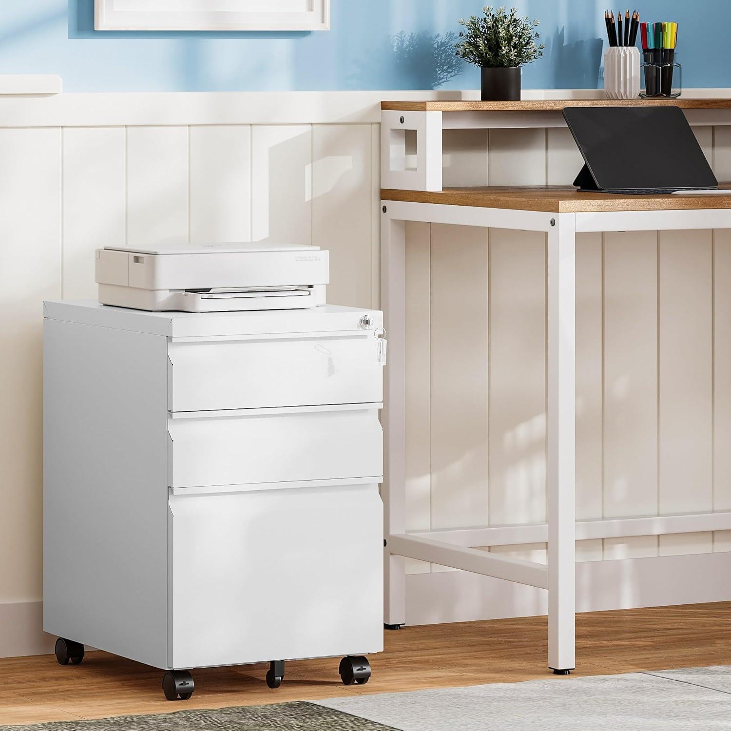 White Metal 3-Drawer Lockable Mobile Filing Cabinet