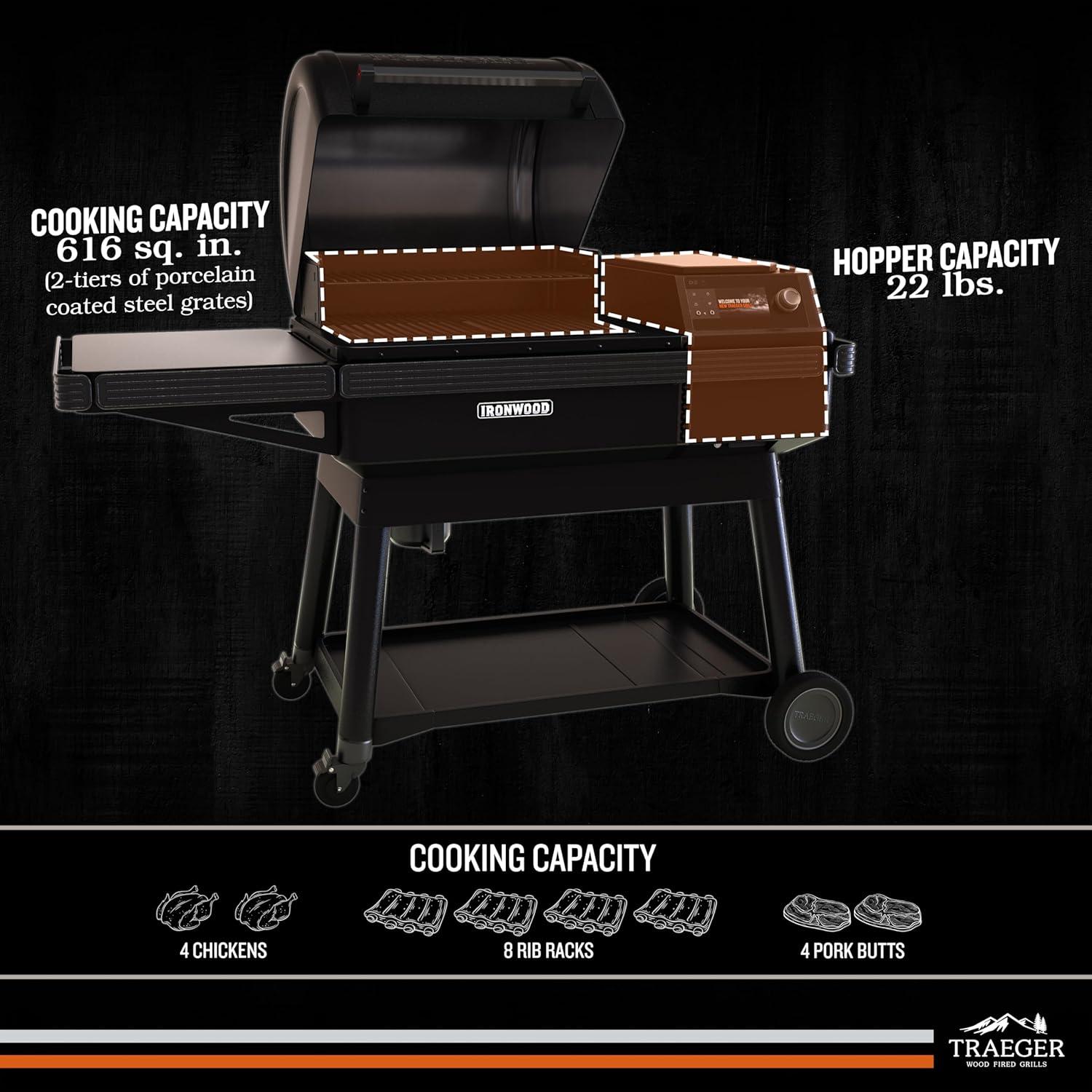 Traeger Ironwood Pellet Smoker Grill, Electric Wood Pellet Grill with WiFIRE App Control, 165F - 500F Degree Temperature Control Super Smoke Mode, 6-in-1 BBQ Smoker Grilling Combo, TFB61RLG