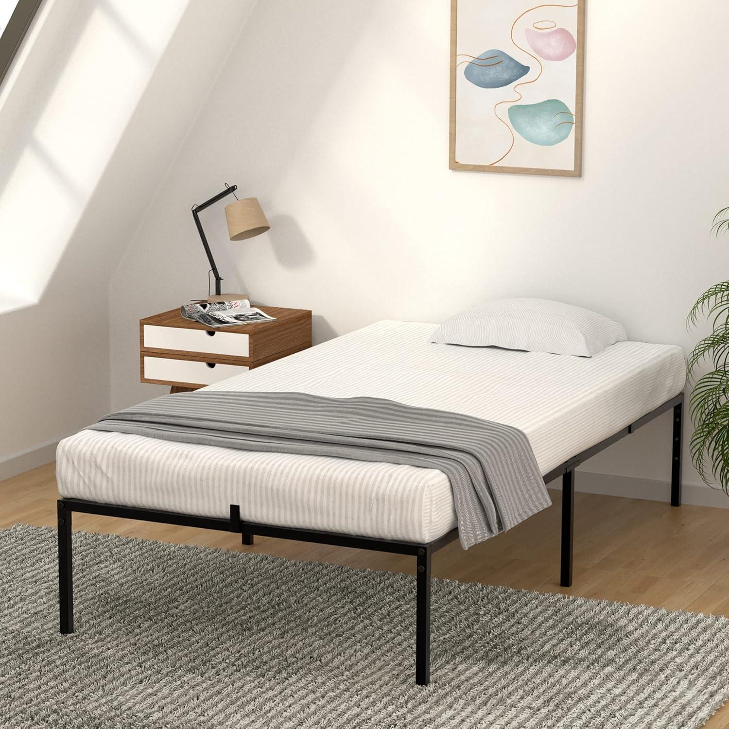 Black Twin Metal Platform Bed Frame with Storage and Slats