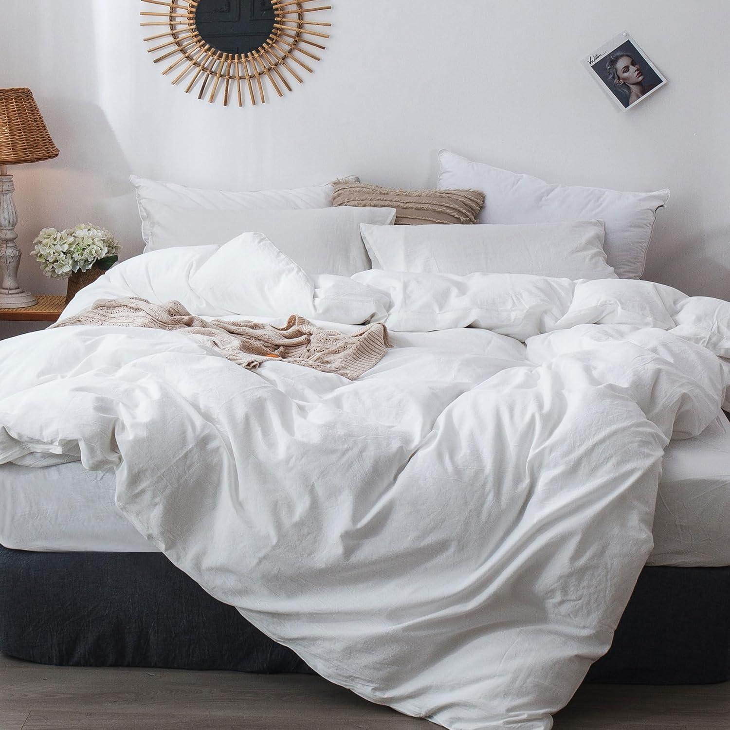 QUALITY FLOORING INC. Bedding Duvet Cover Set 100% Washed Cotton Linen Like Textured Breathable Durable Soft Comfy (Off White, King)