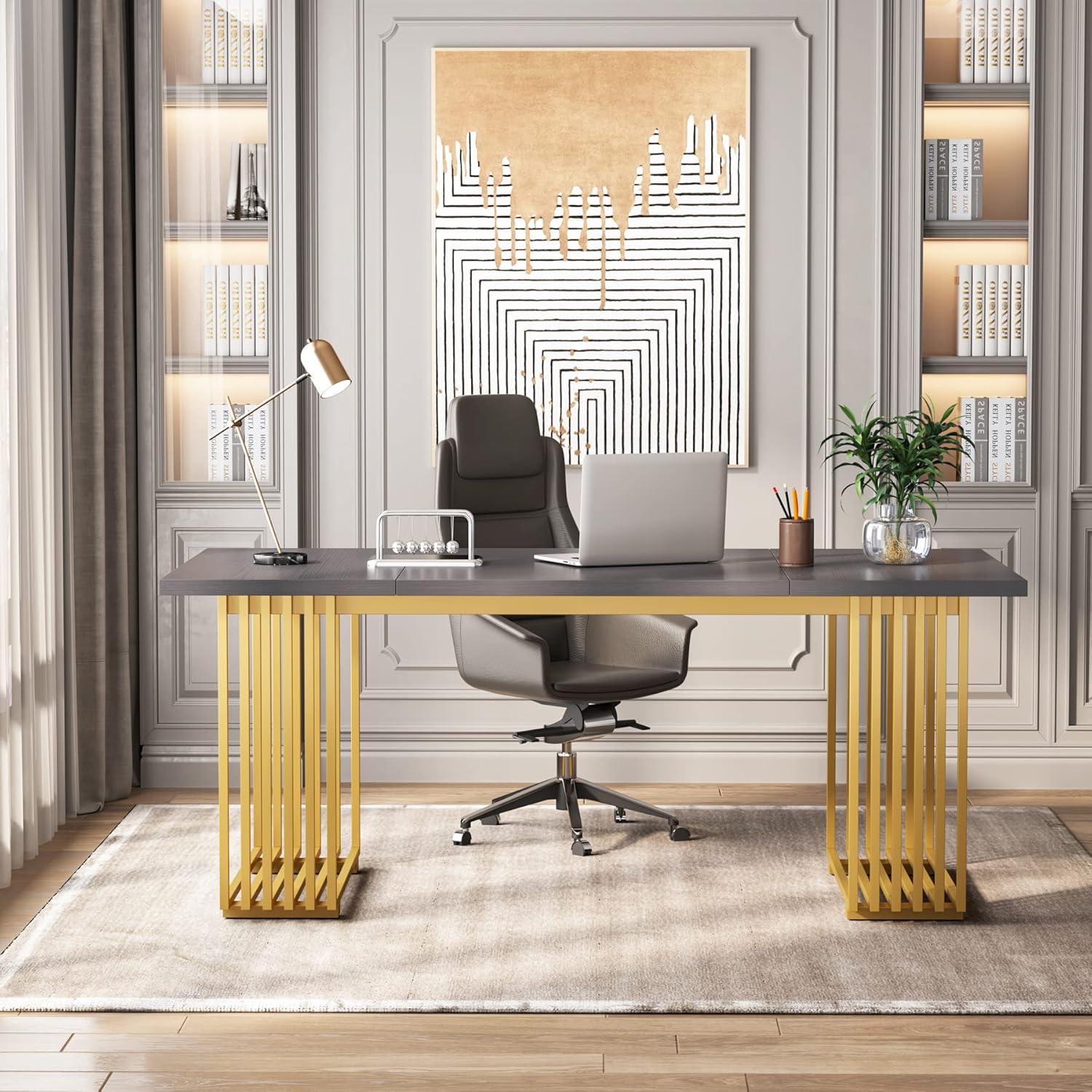 Tribesigns 70.9" Executive Office Desk, Modern Conference Desk with Metal Frame, White Gold