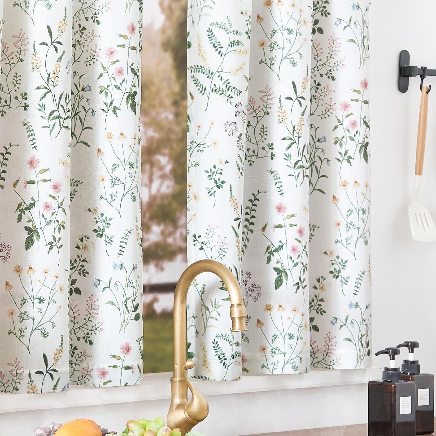 jinchan Floral Kitchen Curtains for Windows 36 Inch Linen Tier Farmhouse Cafe Curtains Country Botanic Small Window Rod Pocket Rustic Flax for Laundry Bathroom RV 2 Panels Sage Green on Beige