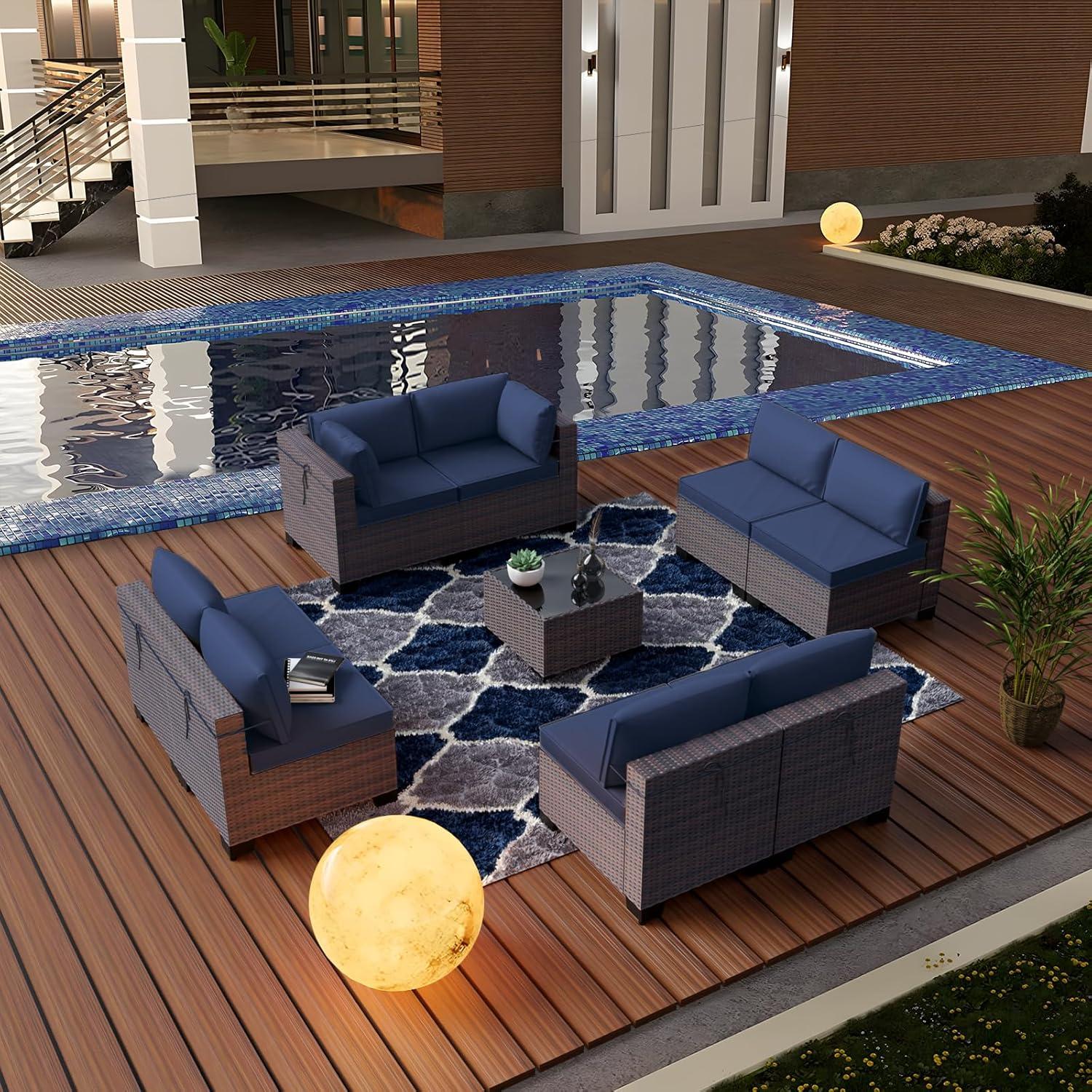 Kullavik 9 Pieces Outdoor Patio Furniture Set Outdoor Sectional Rattan Sofa Set Brown Manual Wicker Patio Conversation Set with Navy Blue Cushions,1 Tempered Glass Tea Table and Cushions Covers