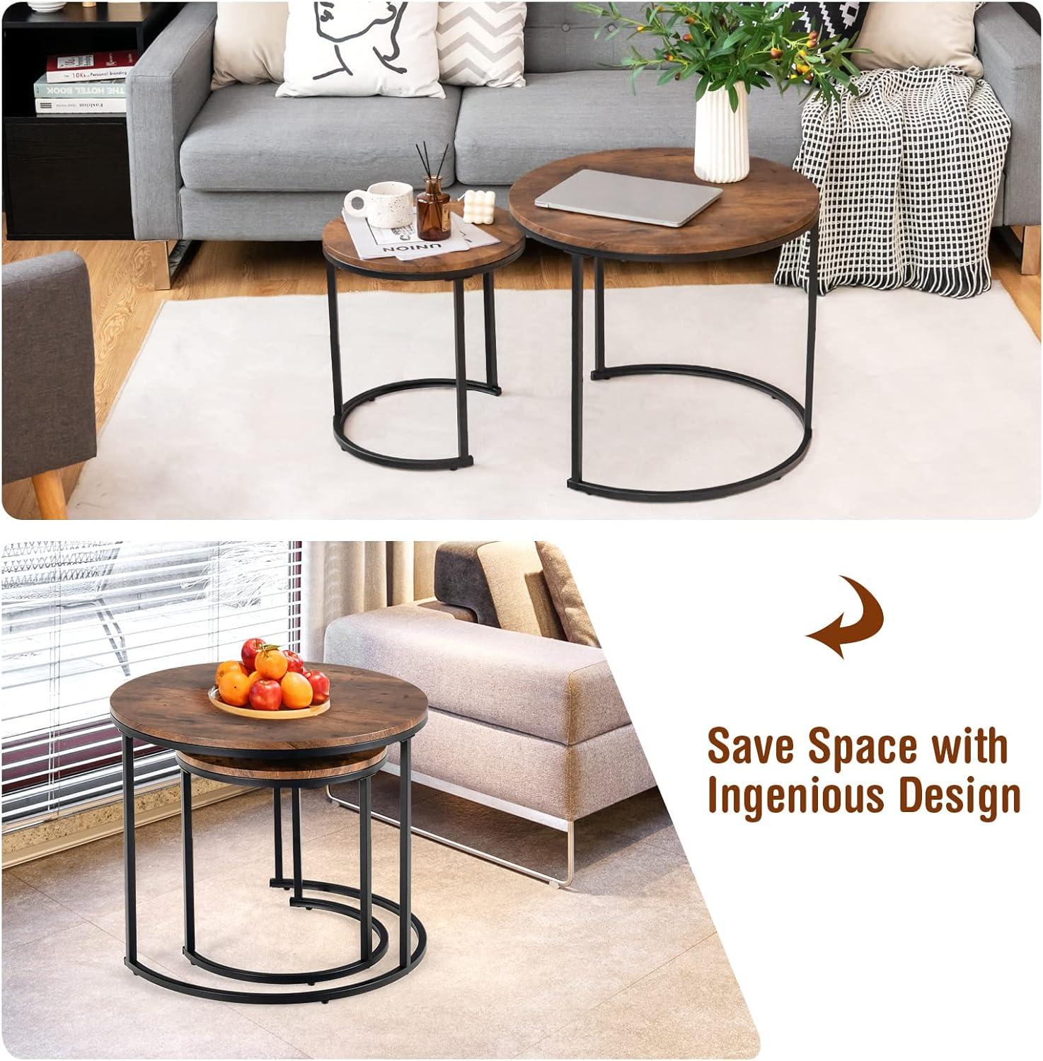 Costway Nesting Coffee Table Set of 2 for Balcony Living Room Modern Round Side Tables Rustic Brown