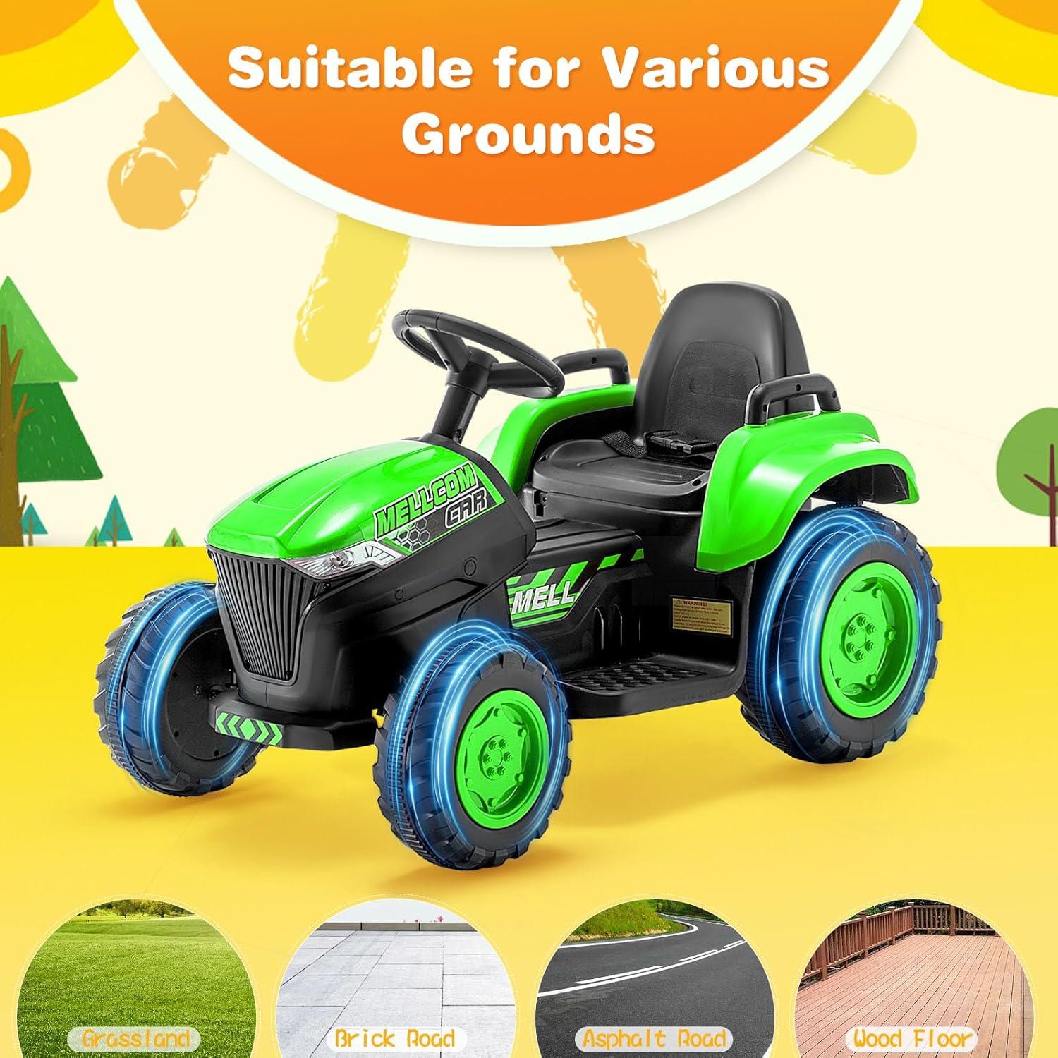 Erommy Kids Ride on Tractor with Remote Control, 12V Battery Powered Electric Tractor with 30W Dual Motors/Cool Lights/Bluetooth Music for Kids, Green