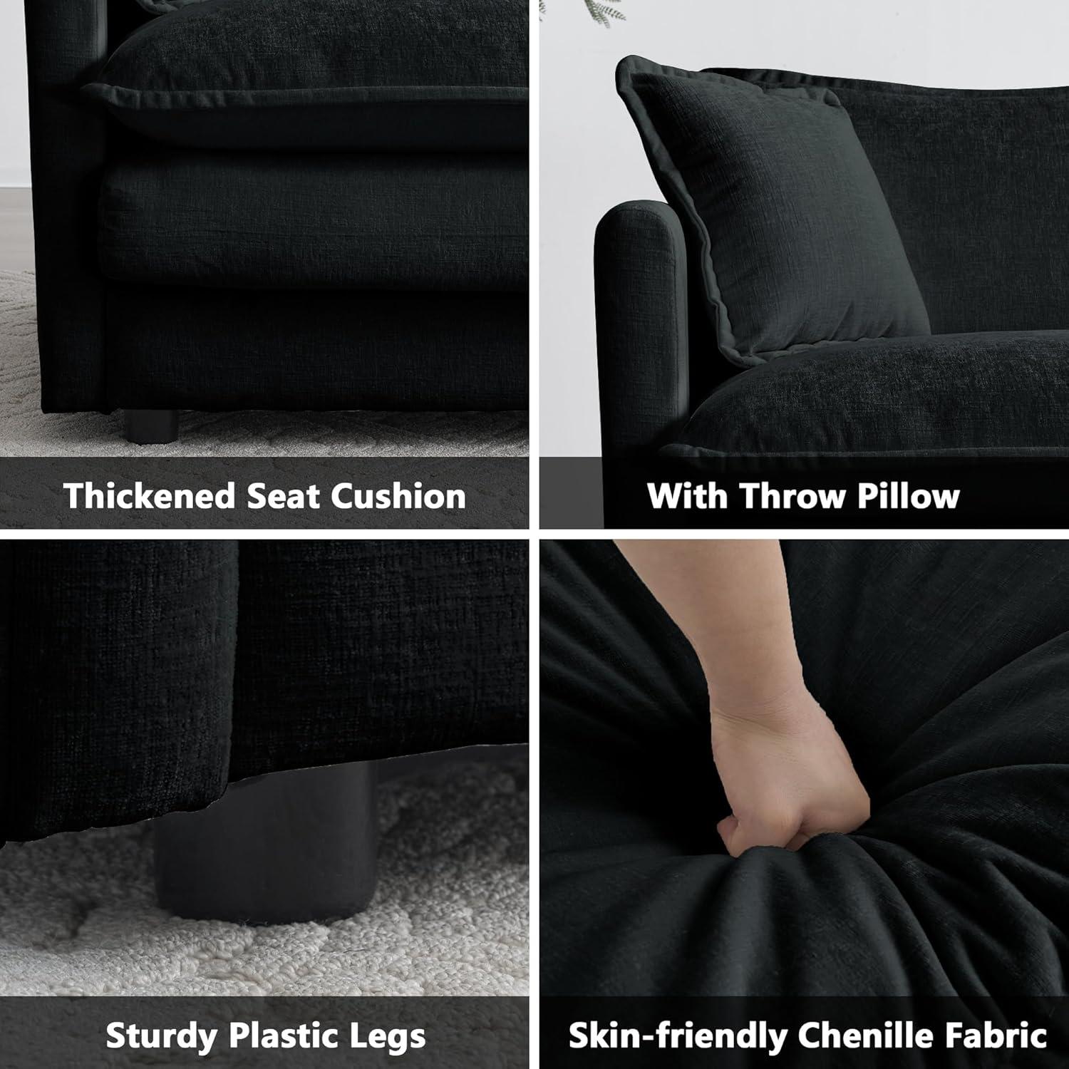 Black Chenille Oversized Modern Upholstered Armchair with Pillow