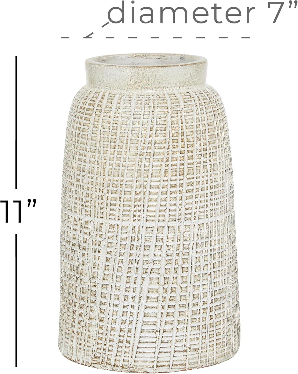 DecMode 11" Carved White Ceramic Vase with Crosshatch Design