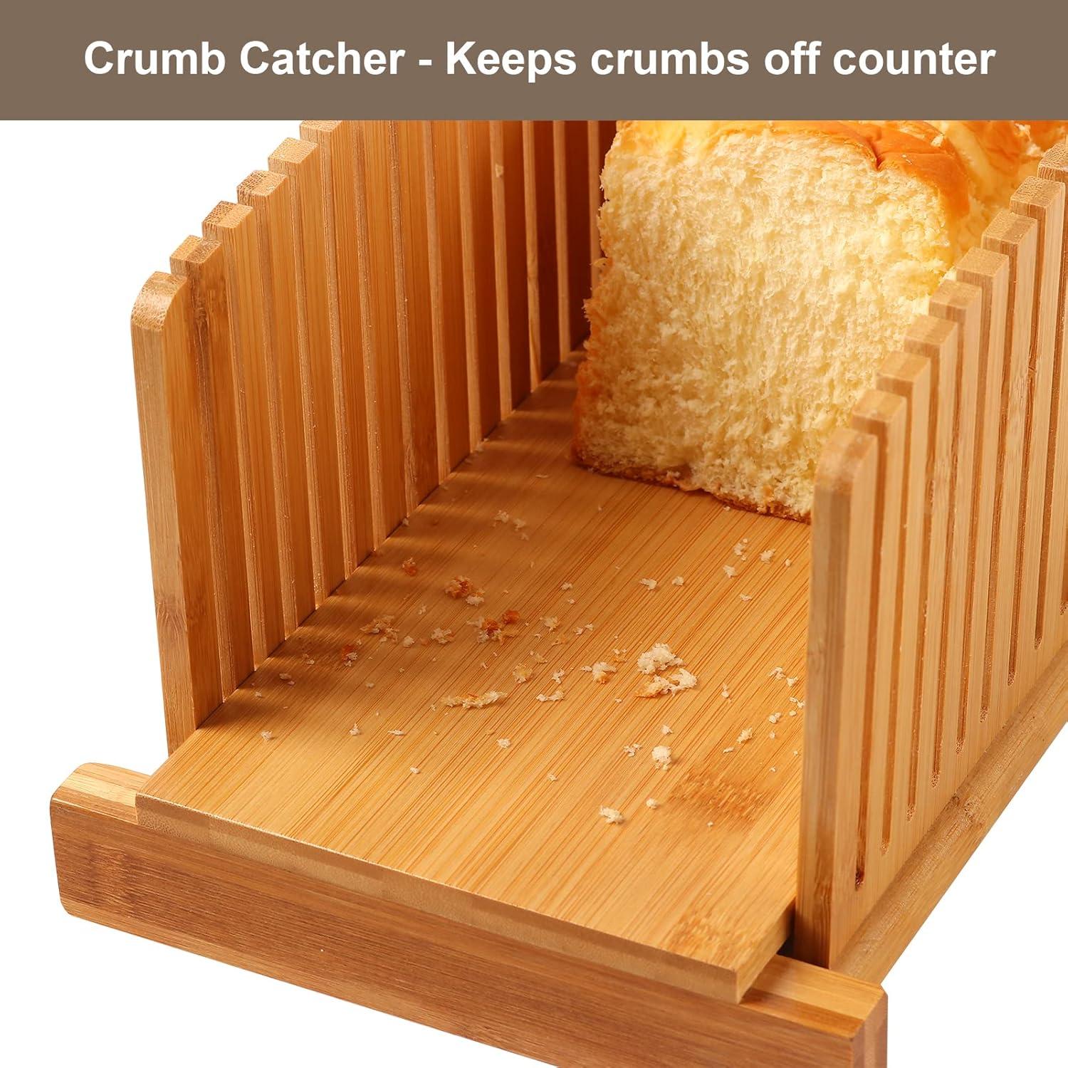 Premium Bamboo Bread Slicer for Homemade Bread, Crumb Catcher, Foldable and Compact Loaf Cutter 3 Size Slicing Guide