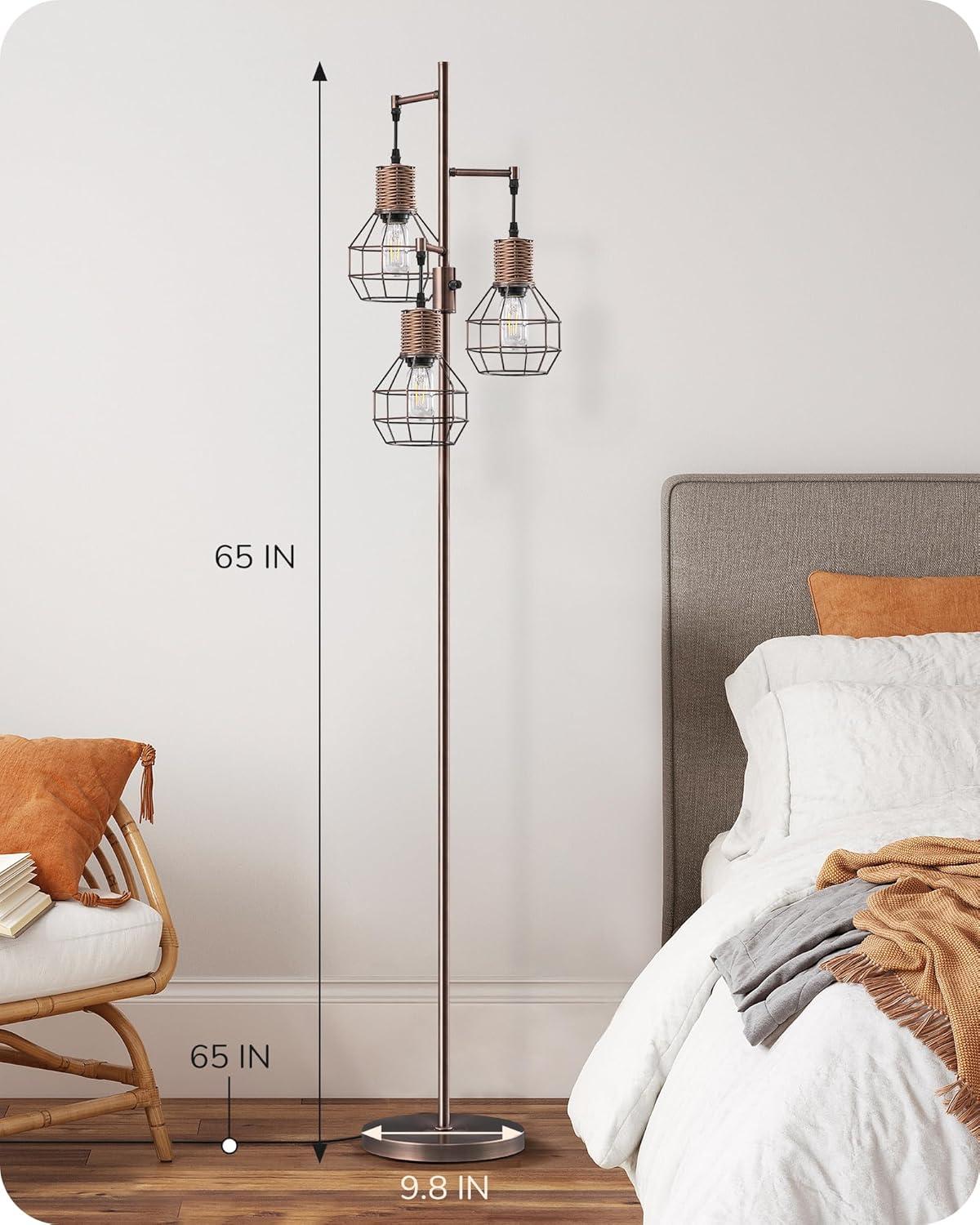 EDISHINE Dimmable Rustic Floor Lamp, Farmhouse Standing Lamp with 3 LED Edison Bulbs, Rattan Design Floor Lamps for Living Room, Bedroom, Reading Corner, Office, Electroplated Brushed Red Copper