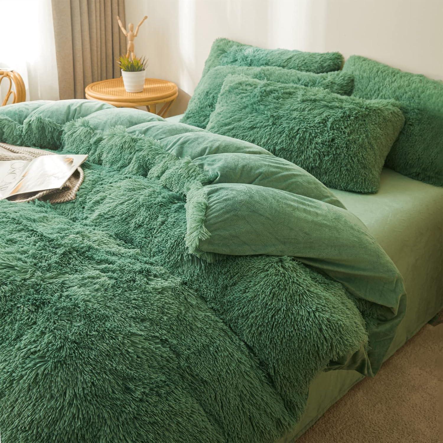 LIFEREVO 3 Pieces Luxury Plush Shaggy Faux Fur Duvet Cover Set(1 Fluffy Fuzzy Comforter Cover + 2 Pompoms Fringe Quilted Pillow Shams) Furry Bed Set, Zipper Closure, Queen Size, Dark Green