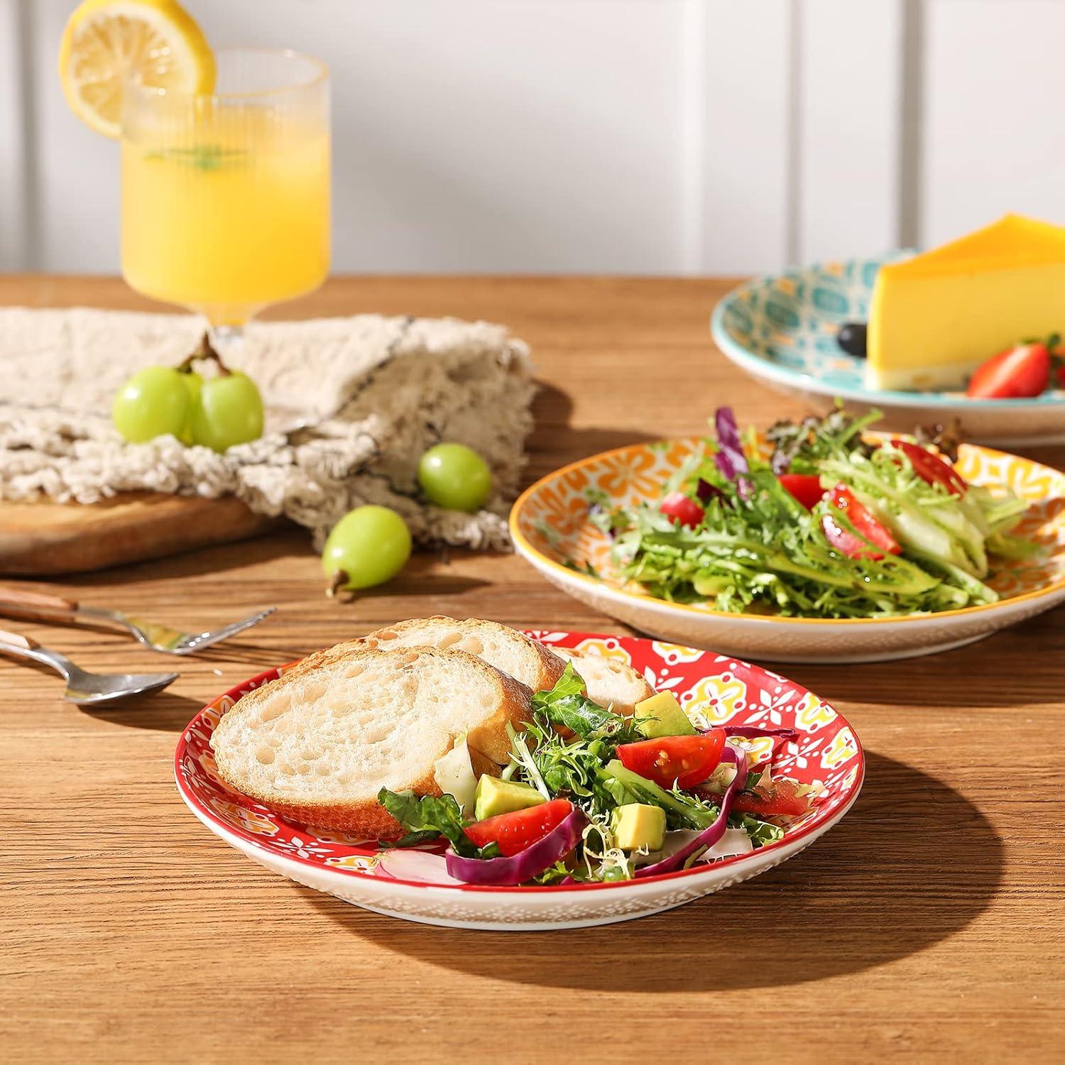 AHX Multicolor Round Plate Set 8 inch - Salad Plates - Dessert Appetizer Plates - Porcelain Lunch Plates - Set of 6