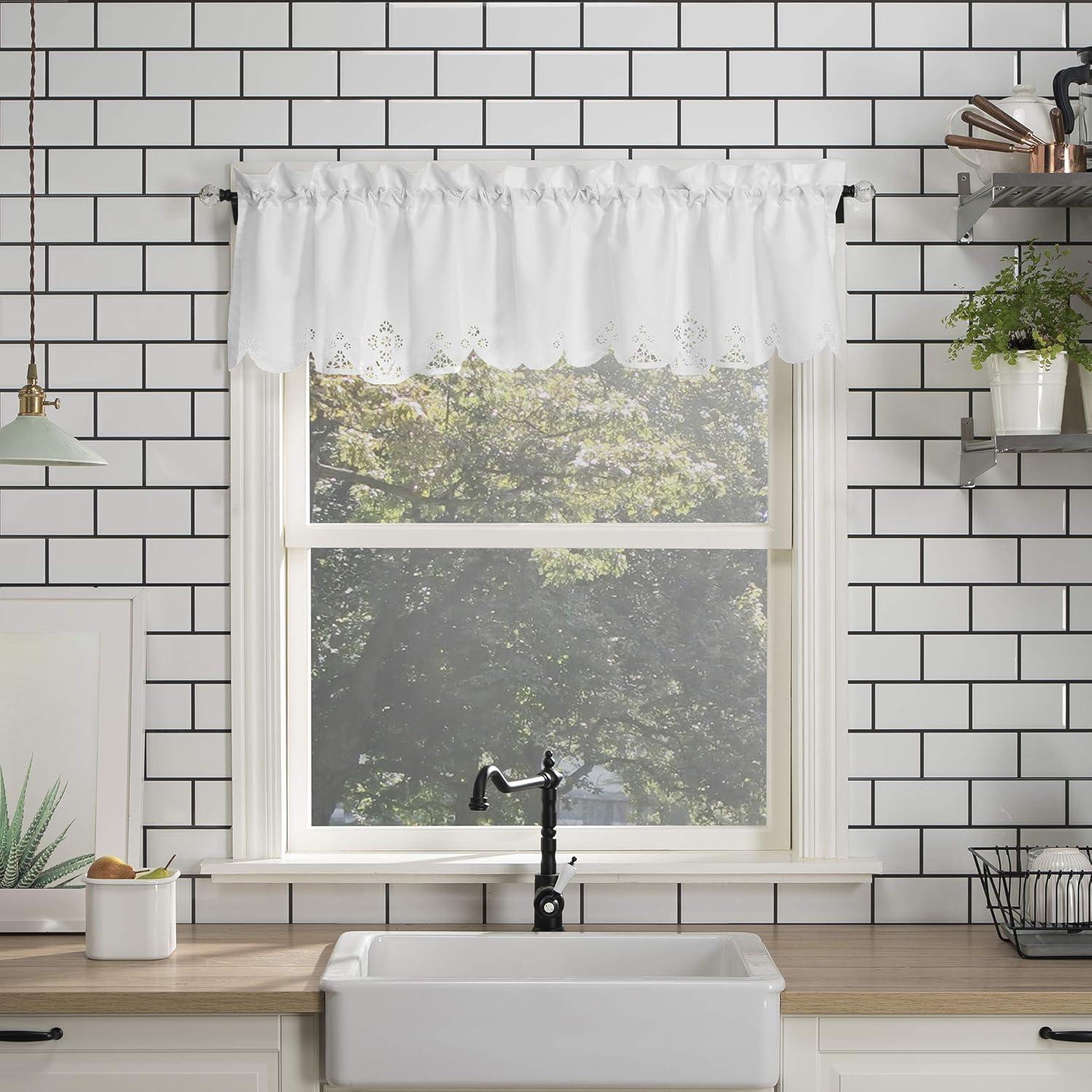 14"x58" Mariela Floral Trim Semi-Sheer Rod Pocket Kitchen Window Valance and Tiers Set White - No. 918: Light Filtering Kitchen Curtains Set