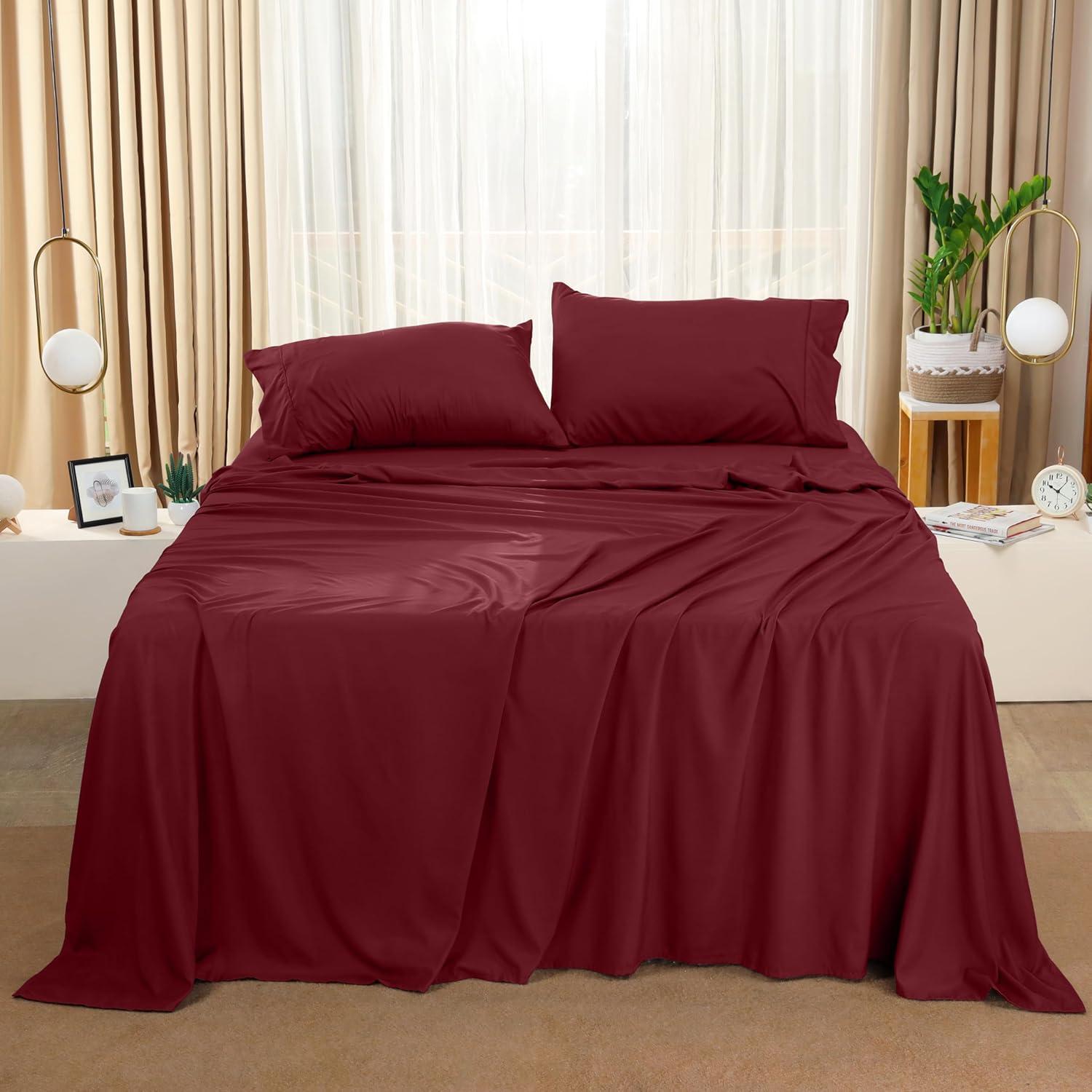 King Bed Sheets Set - 4 Piece Bedding - Brushed Microfiber - Shrinkage and Fade Resistant - Easy Care (King, Red Burgundy)