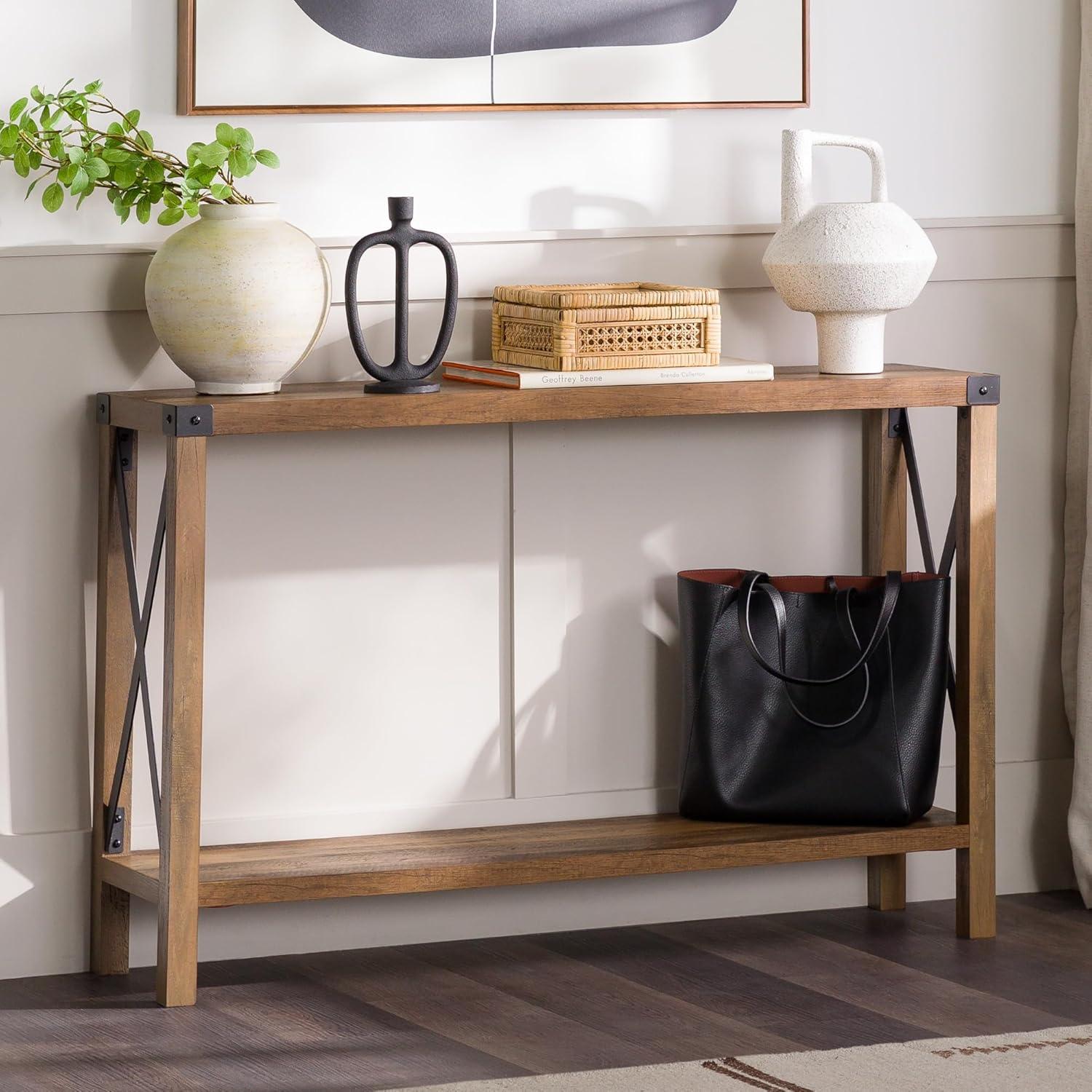 Rustic Oak and Metal Two-Tier Console Table with Storage