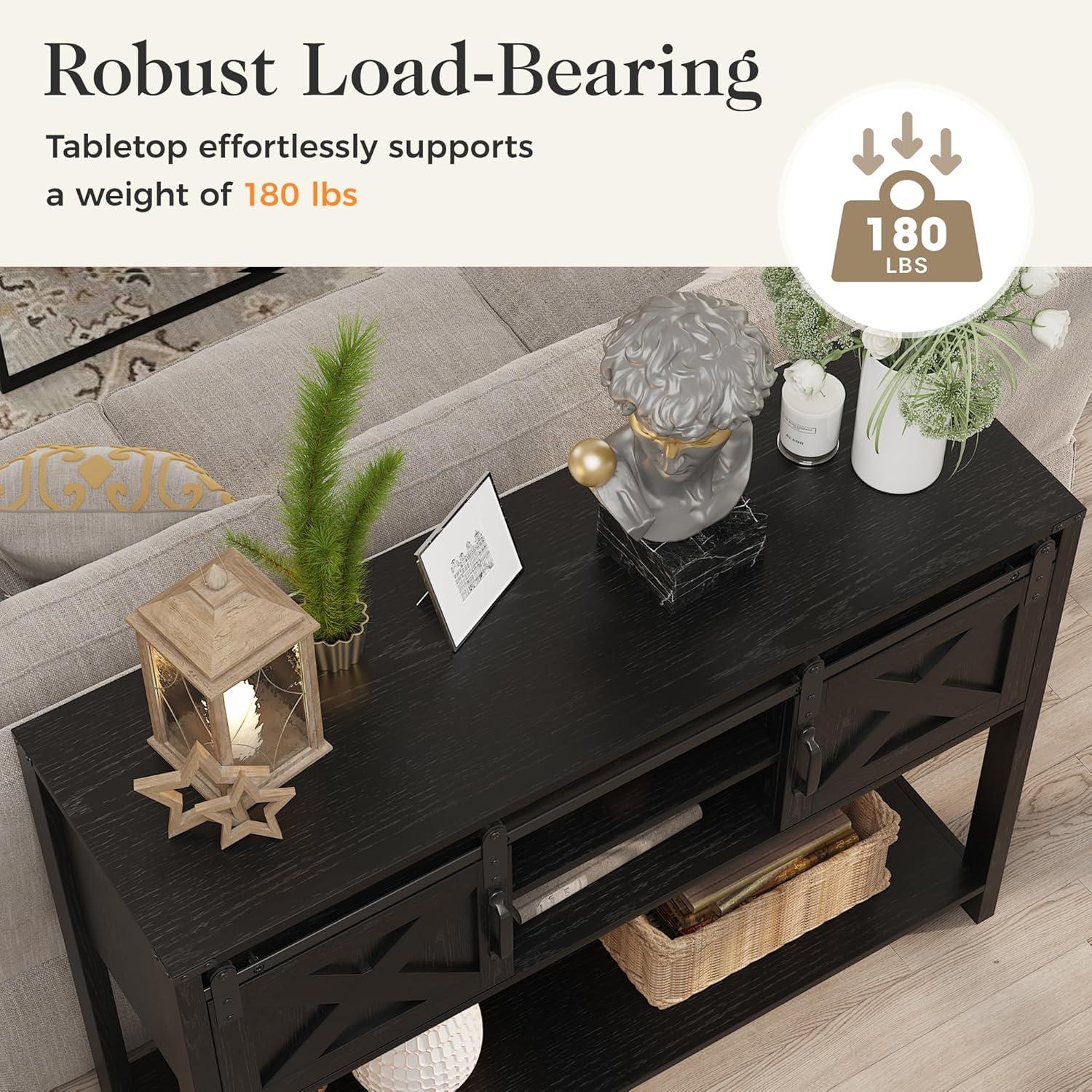 Black Engineered Wood Console Table with Sliding Barn Doors and Storage