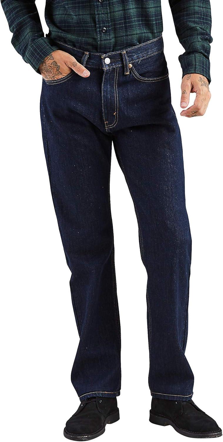 Men's Dark Blue Cotton Blend Mid Rise Straight Leg Jeans