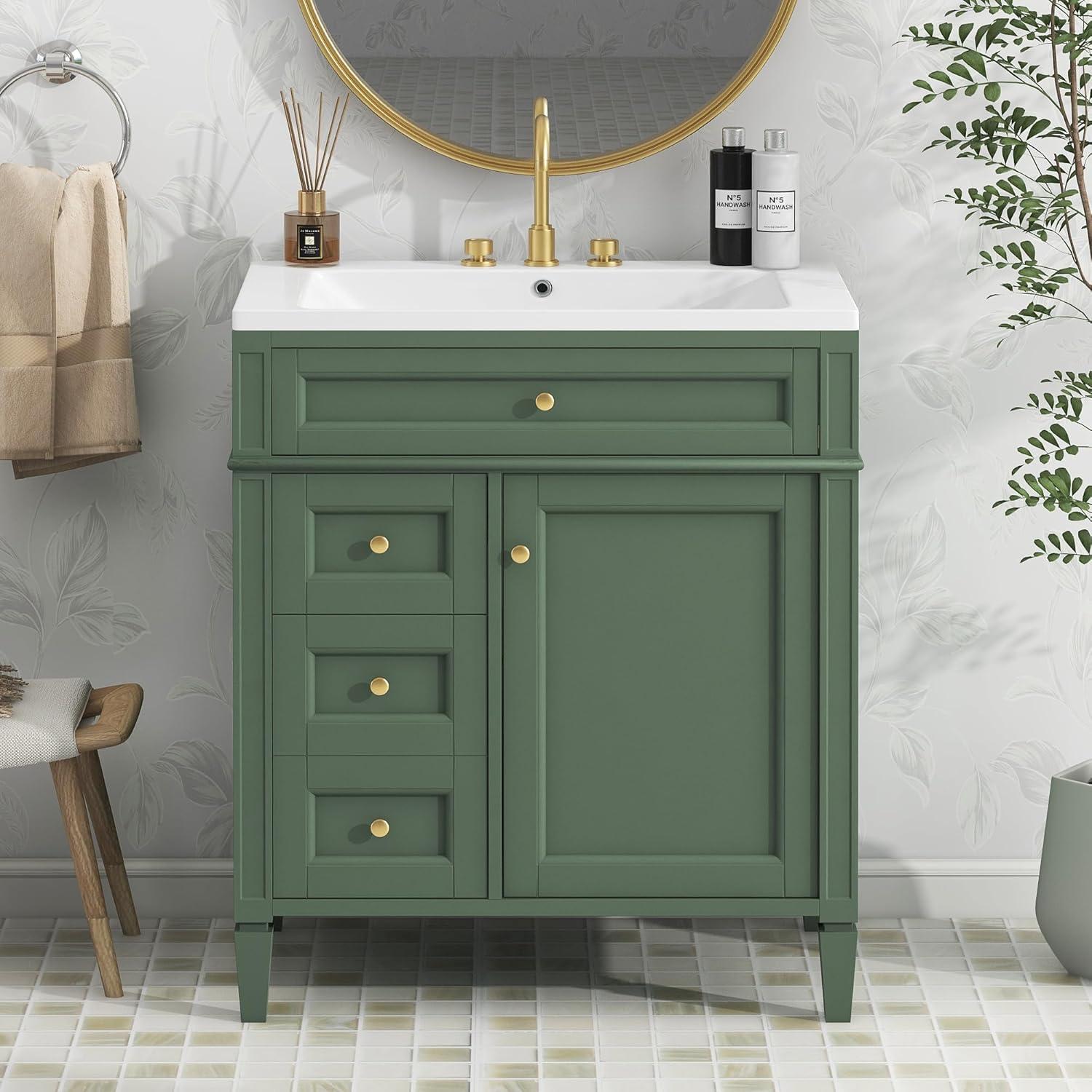 30 inch Bathroom Vanity with Top Sink, Modern Bathroom Storage Cabinet with 2 Drawers and a Tip-out Drawer, Freestanding Single Sink Bathroom Vanity, Green