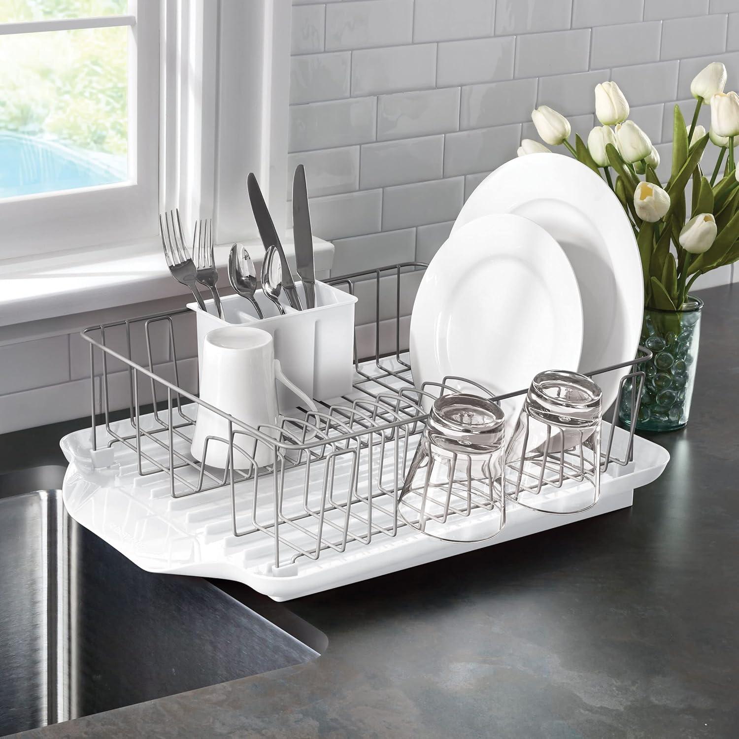 White Plastic and Metal Large Dishrack with Removable Caddy