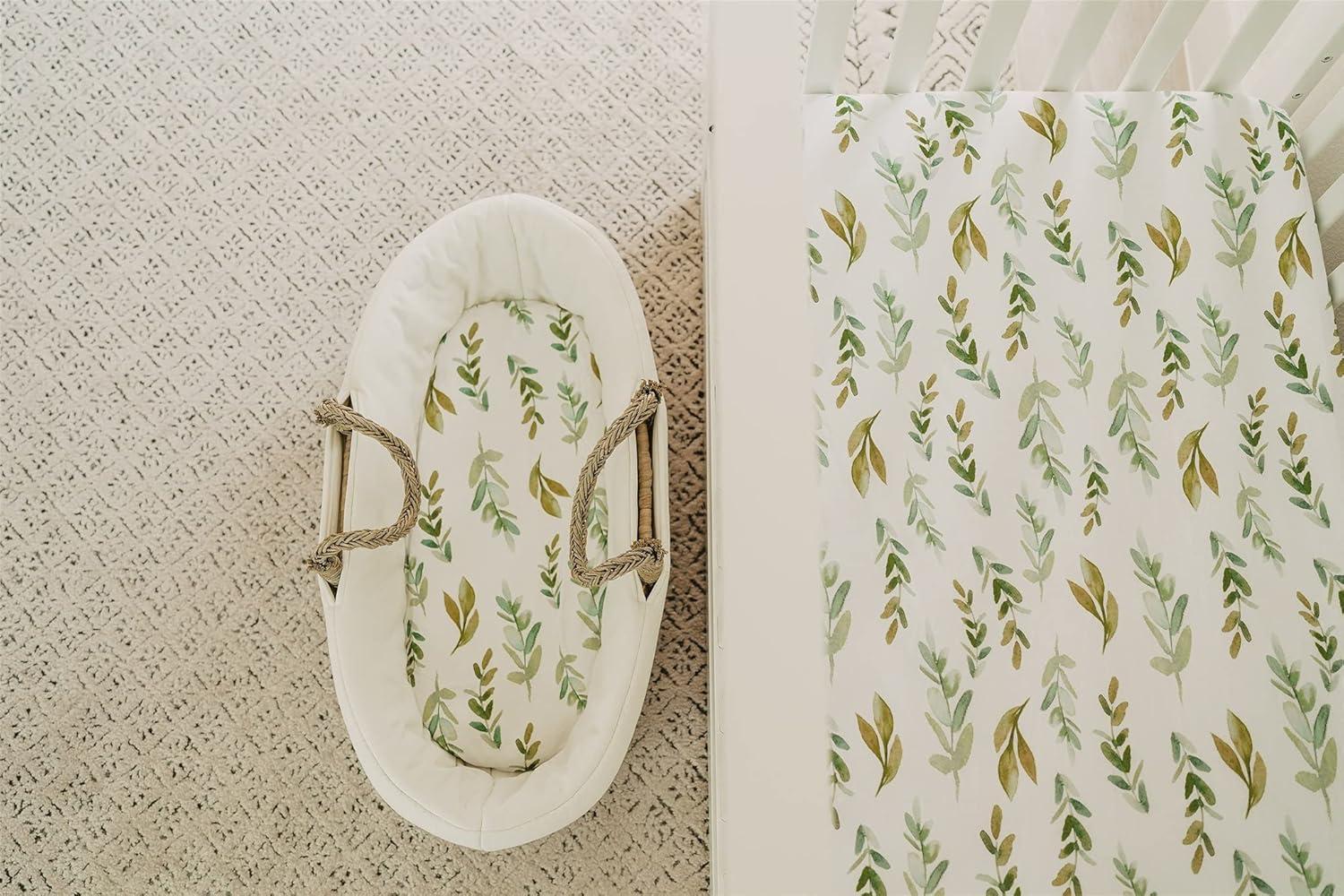 NODNAL CO. Green Leafy Cotton Bassinet Fitted Sheet Set, 100% OEKO-TEX Cotton, 3 Pieces, for Newborn Infant Baby Girl or Boy Nursery Bedding, Gender Neutral Leafs, Greenery, Floral Eucalyptus