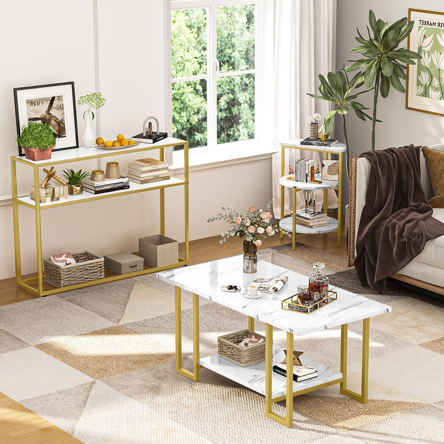 White and Gold Faux Marble Coffee Table Set with Metal Frame