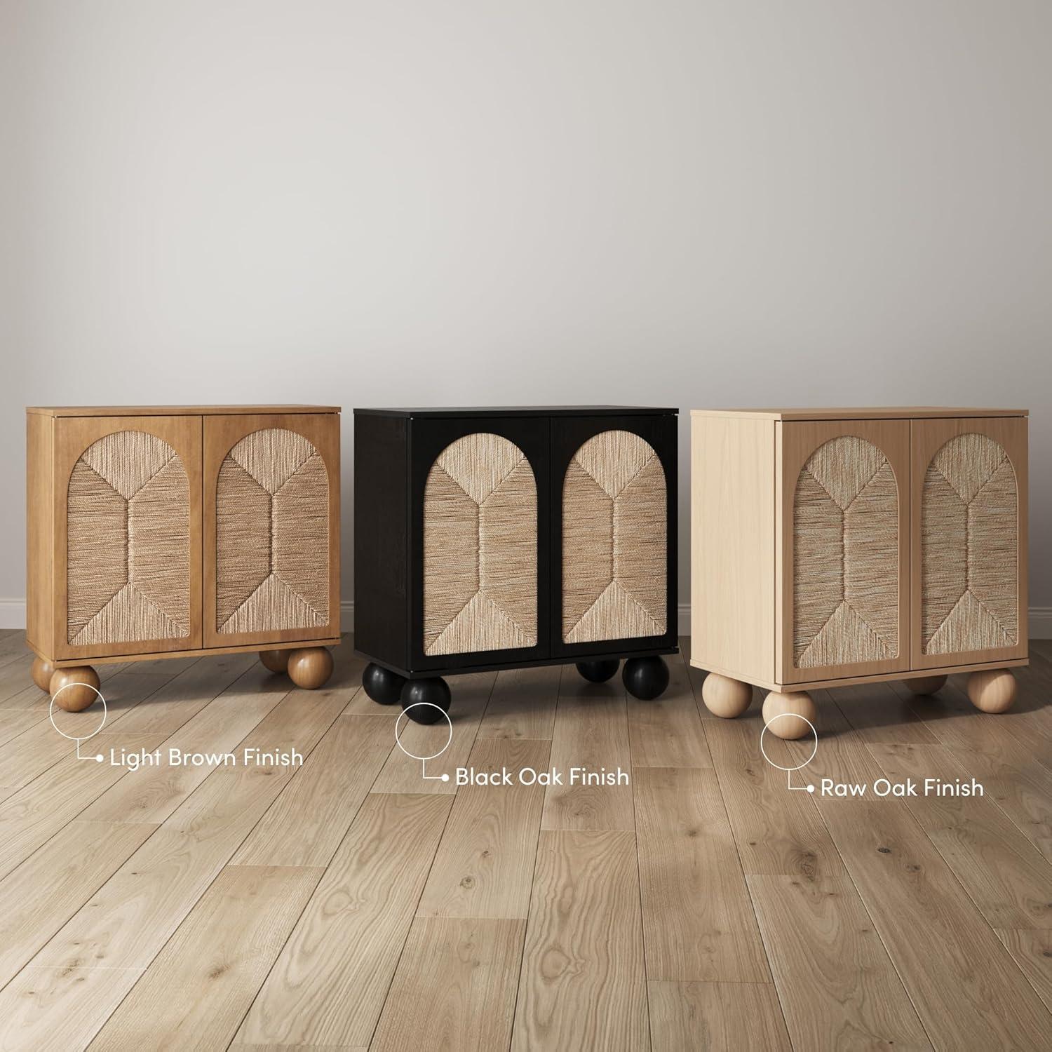 Black Seagrass Bohemian TV Stand with Solid Wood Legs