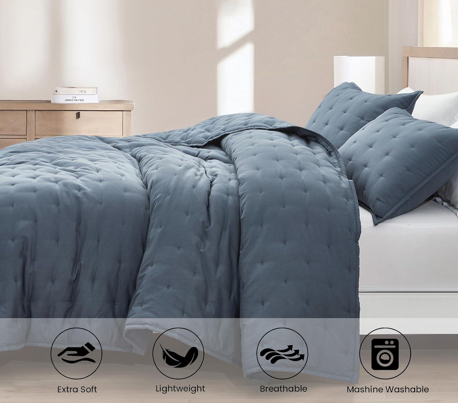 Chezmoi Collection Glen 3-Piece Crescent Stitched Quilt Set, Oversized King Size, Steel Blue, Rayon Derived from Bamboo & Polyester Blended, Soft Breathable Cooling Bedspread for Hot Sleepers