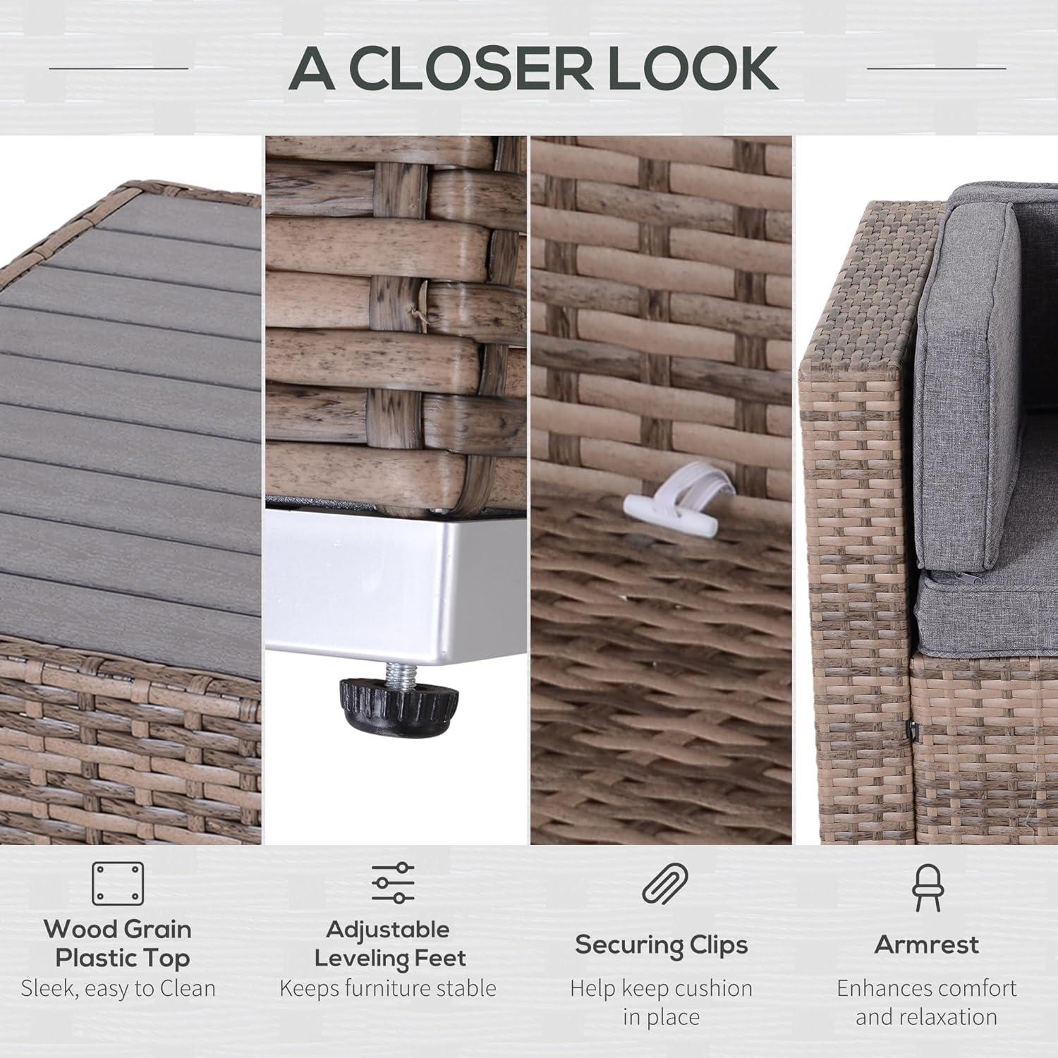 Outsunny 7-Piece Patio Furniture Set, Outdoor Wicker Conversation Set, All Weather PE Rattan Sectional Sofa w/ Faux Wood Table, Stripe Pillows, Gray