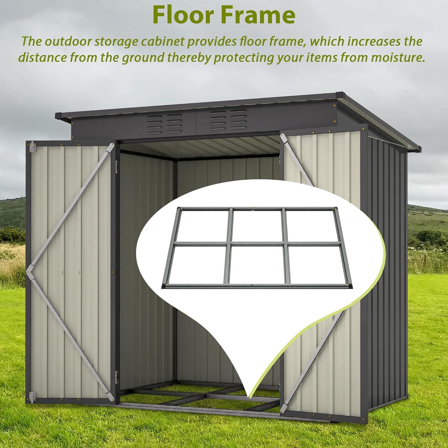 LZBEITEM 10 x 10 ft Outdoor Storage Shed with Floor Frame Kit, Galvanized Steel Garden Sheds, Garden Tool Shed with Double Lockable Doors for Backyard Patio Lawn, Grey