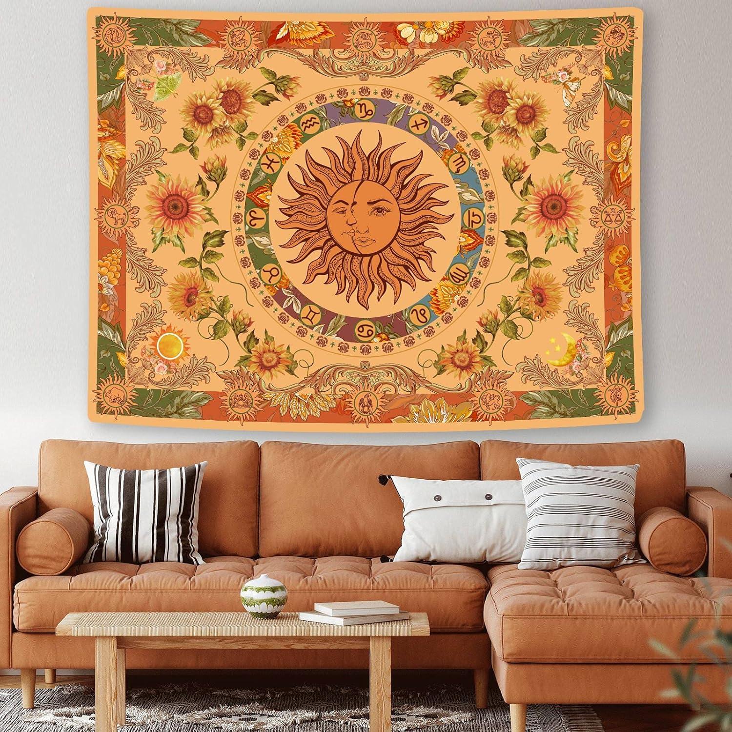 Orange Sun and Moon Polyester Tapestry with Sunflowers, 60'' × 80''