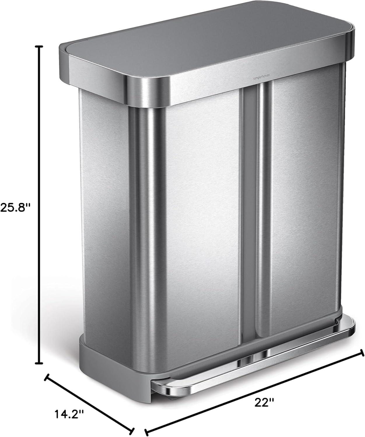 Simplehuman 58L / 15.3 Gallon Hands-Free Dual Compartment Recycling Kitchen Step Trash Can with Lid
