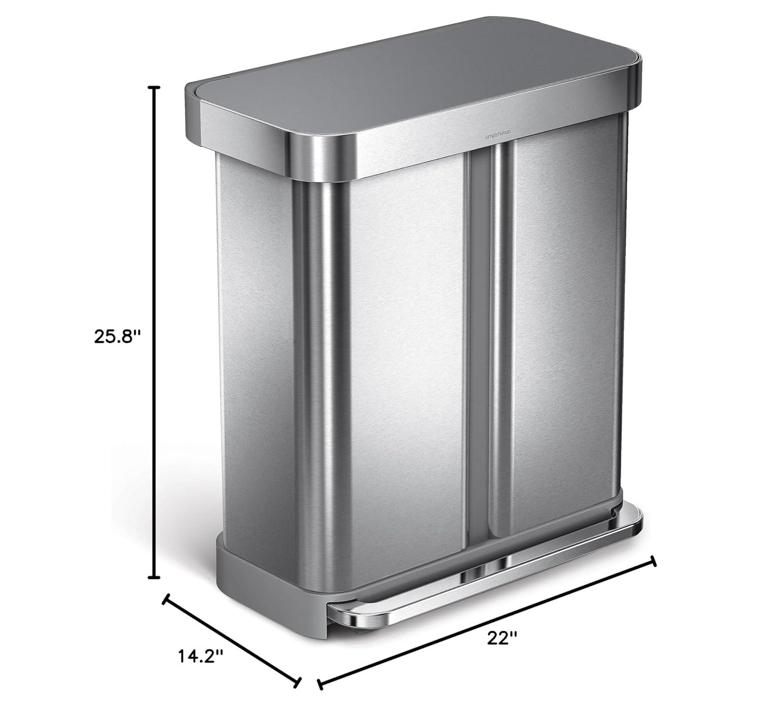 Simplehuman 58L / 15.3 Gallon Hands-Free Dual Compartment Recycling Kitchen Step Trash Can with Lid
