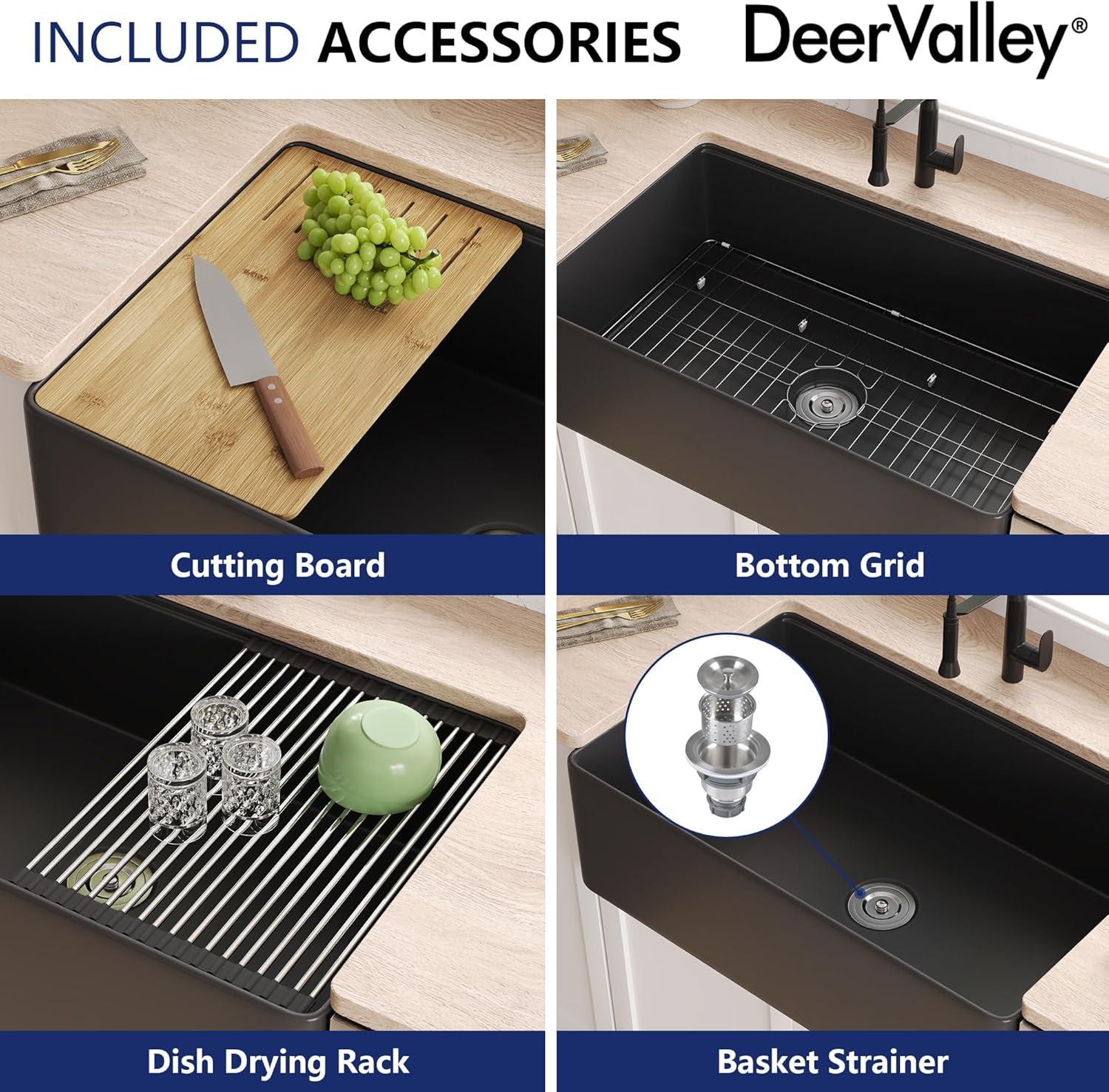 33"L x 20"W Farmhouse Kitchen Sink Deep Single Bowl Fireclay Workstation Sink with Cutting Board and Dish Drying Rack