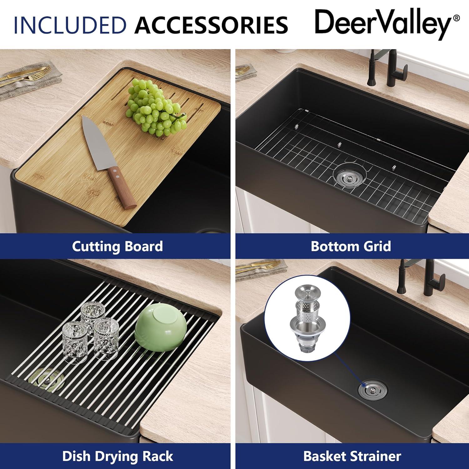 33"L x 20"W Farmhouse Kitchen Sink Deep Single Bowl Fireclay Workstation Sink with Cutting Board and Dish Drying Rack